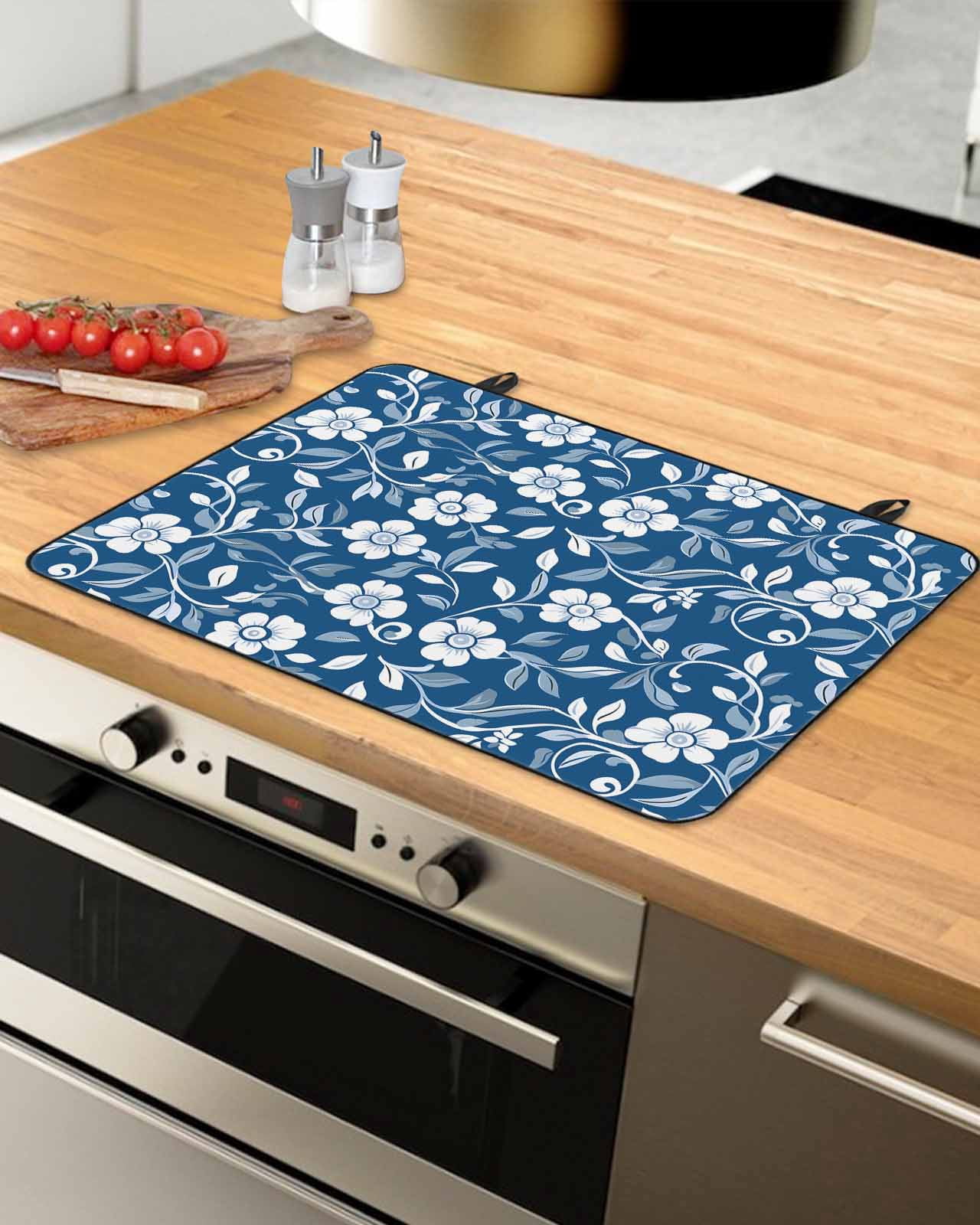 nqOlkjepod Large Induction Cooktop Protector Mat 36"x21", Blue White Floral Stove Top Covers for Electric Stove, Farmhouse Retro Botanical Leaves Stove Burner Cover Mats, Glass Top Stove Cover