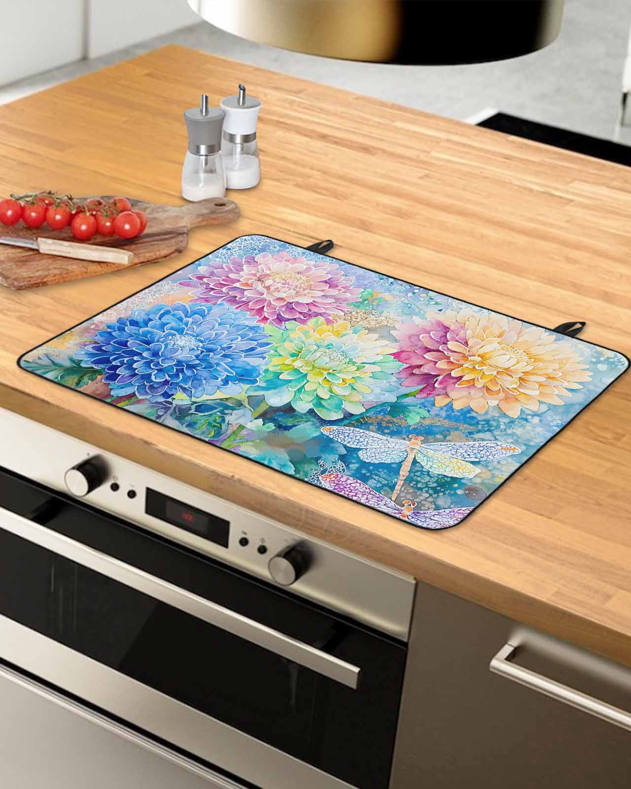 nqOlkjepod Large Induction Cooktop Protector Mat 36"x21", Blue Yellow Spring Floral Stove Top Covers for Electric Stove, Watercolor Summer Botanical Stove Burner Cover Mats, Glass Top Stove Cover