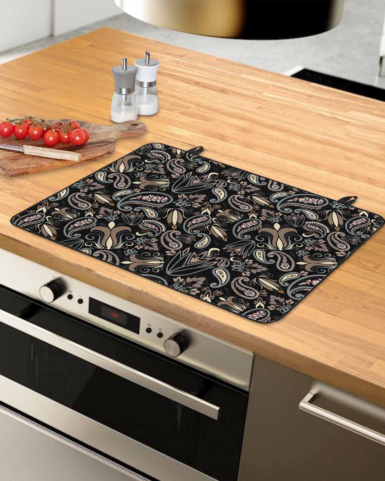 nqOlkjepod Large Induction Cooktop Protector Mat 36"x21", Boho Black Floral Stove Top Covers for Electric Stove, Farmhouse Botanical Vintage Paisley Flower Stove Burner Cover Mats Stove Cover