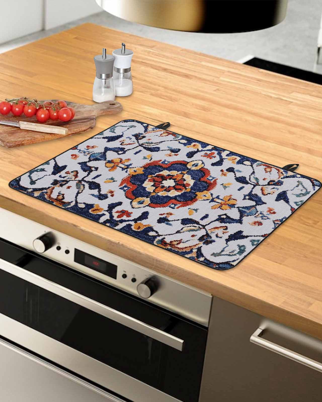 nqOlkjepod Large Induction Cooktop Protector Mat 36"x21", Boho Blue Yellow Stove Top Covers for Electric Stove, Retro Bohemian Flower Leaf Tribal Stove Burner Cover Mats, Glass Top Stove Cover