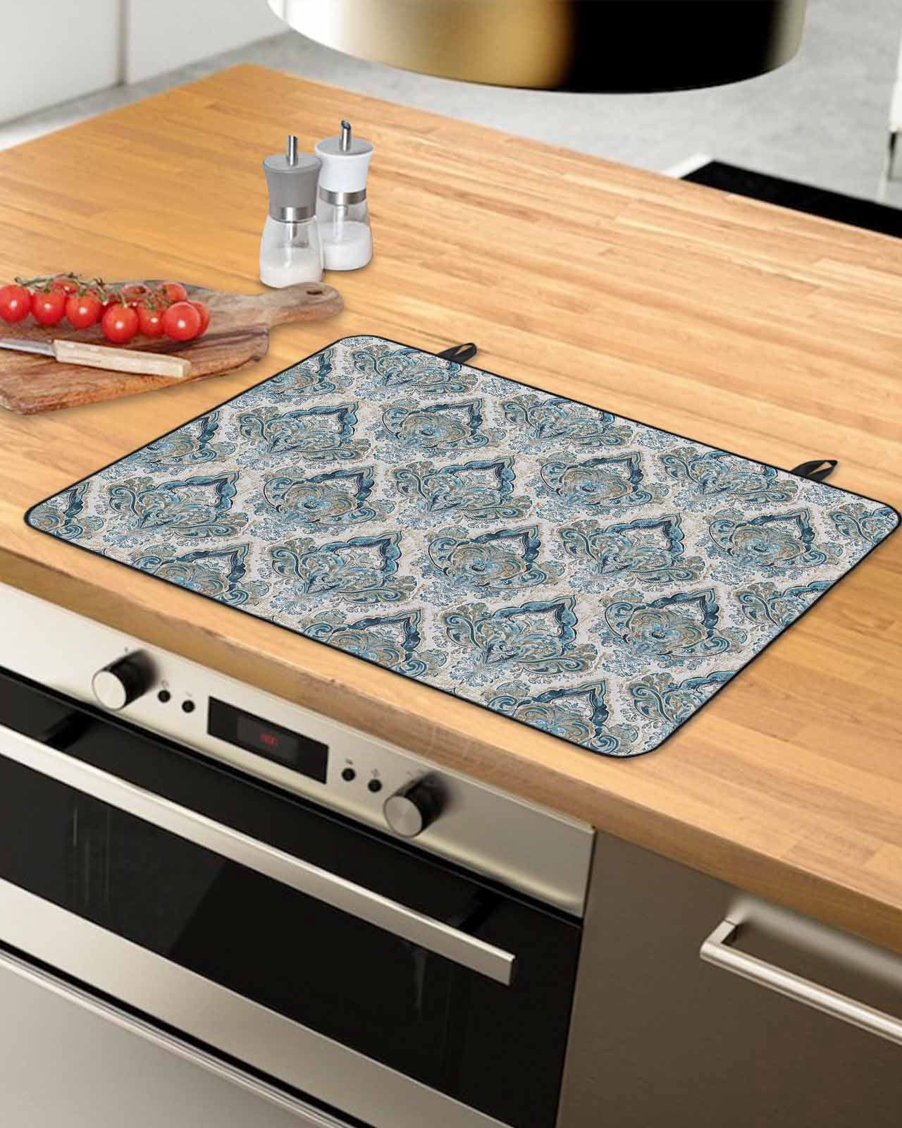 nqOlkjepod Large Induction Cooktop Protector Mat 36"x21", Boho Floral Stove Top Covers for Electric Stove, Retro Teal Blue Flower Vintage Decorative Stove Burner Cover Mats, Glass Top Stove Cover