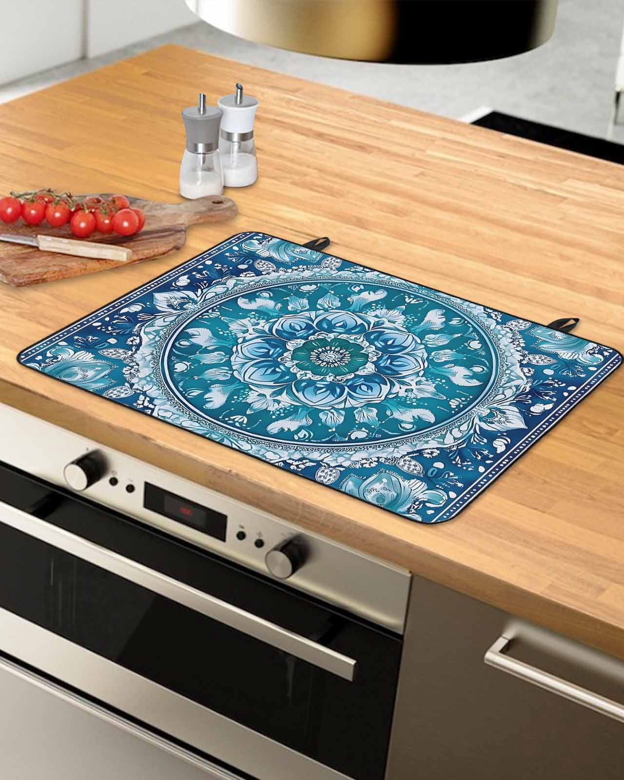 nqOlkjepod Large Induction Cooktop Protector Mat 36"x21", Boho Teal Blue Stove Top Covers for Electric Stove, Abstract Flowers Ethnic Southwestern Stove Burner Cover Mats, Glass Top Stove Cover