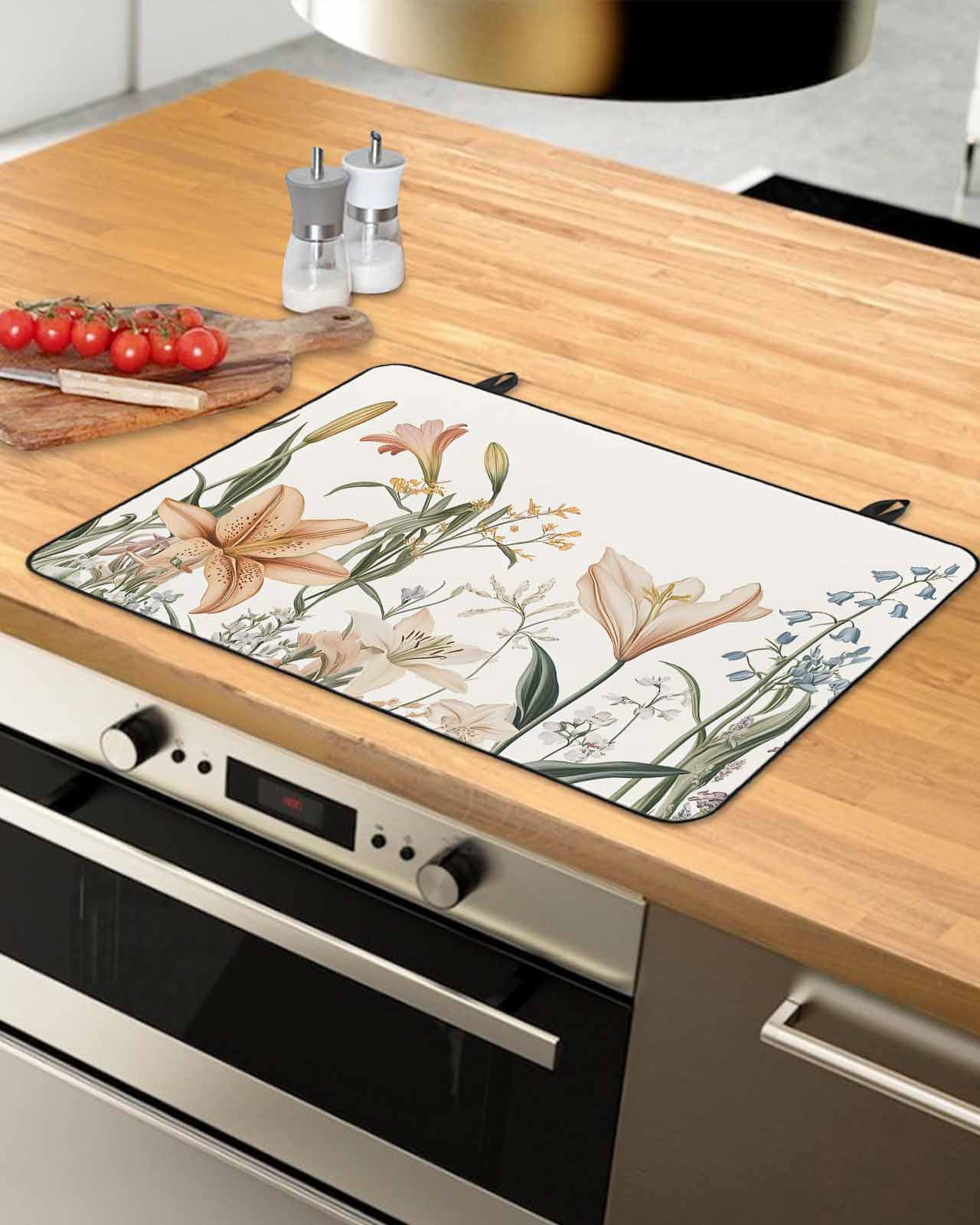 nqOlkjepod Large Induction Cooktop Protector Mat 36"x21", Botanical Flower Stove Top Covers for Electric Stove, Spring Watercolor Blooms Leaf Plant Stove Burner Cover Mats, Glass Top Stove Cover