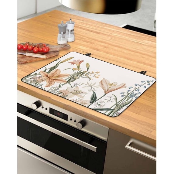 nqOlkjepod Large Induction Cooktop Protector Mat 36"x21", Botanical Flower Stove Top Covers for Electric Stove, Spring Watercolor Blooms Leaf Plant Stove Burner Cover Mats, Glass Top Stove Cover
