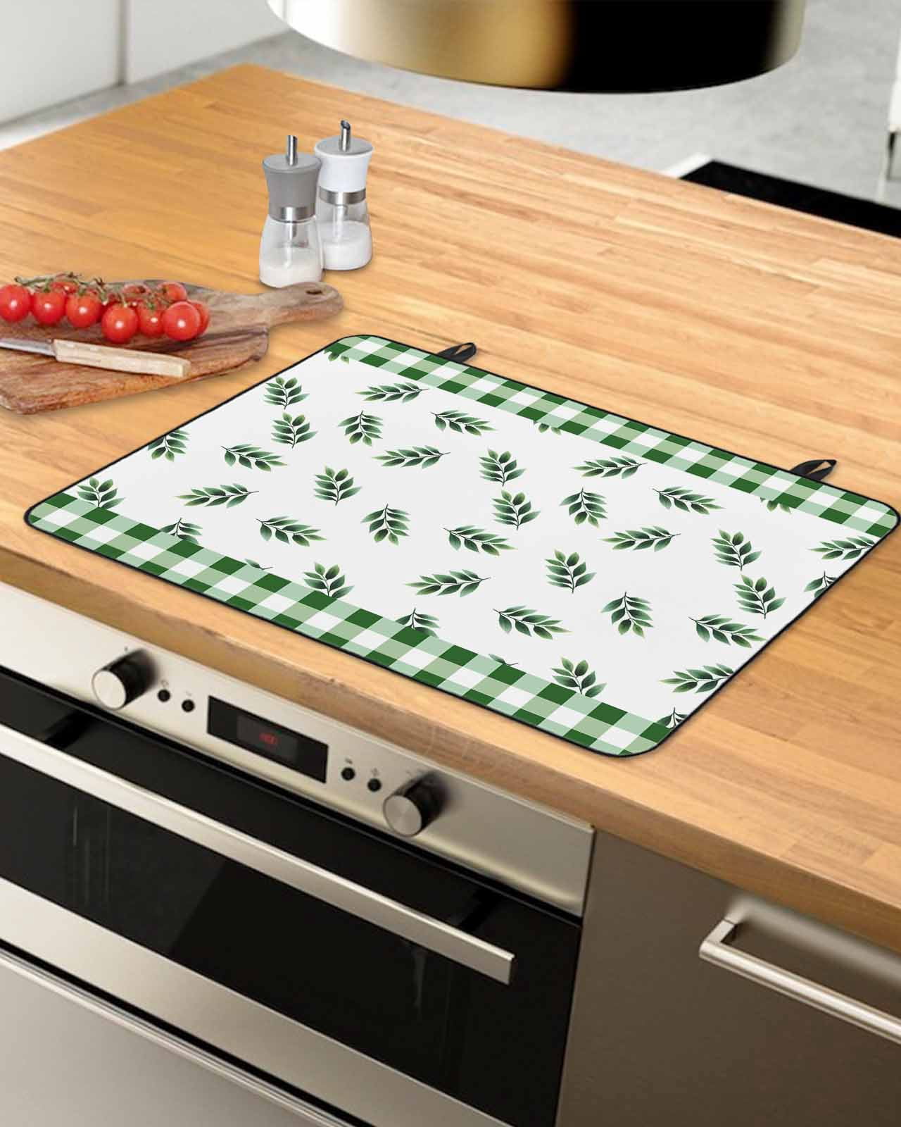 nqOlkjepod Large Induction Cooktop Protector Mat 36"x21", Botanical Leaf Stove Top Covers for Electric Stove, Green Buffalo Plaid Checkered Country Stove Burner Cover Mats, Glass Top Stove Cover