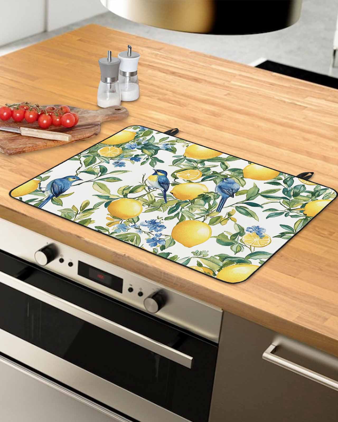 nqOlkjepod Large Induction Cooktop Protector Mat 36"x21", Botanical Lemon Stove Top Covers for Electric Stove, Watercolor Blue Birds Green Leaves Stove Burner Cover Mats, Glass Top Stove Cover