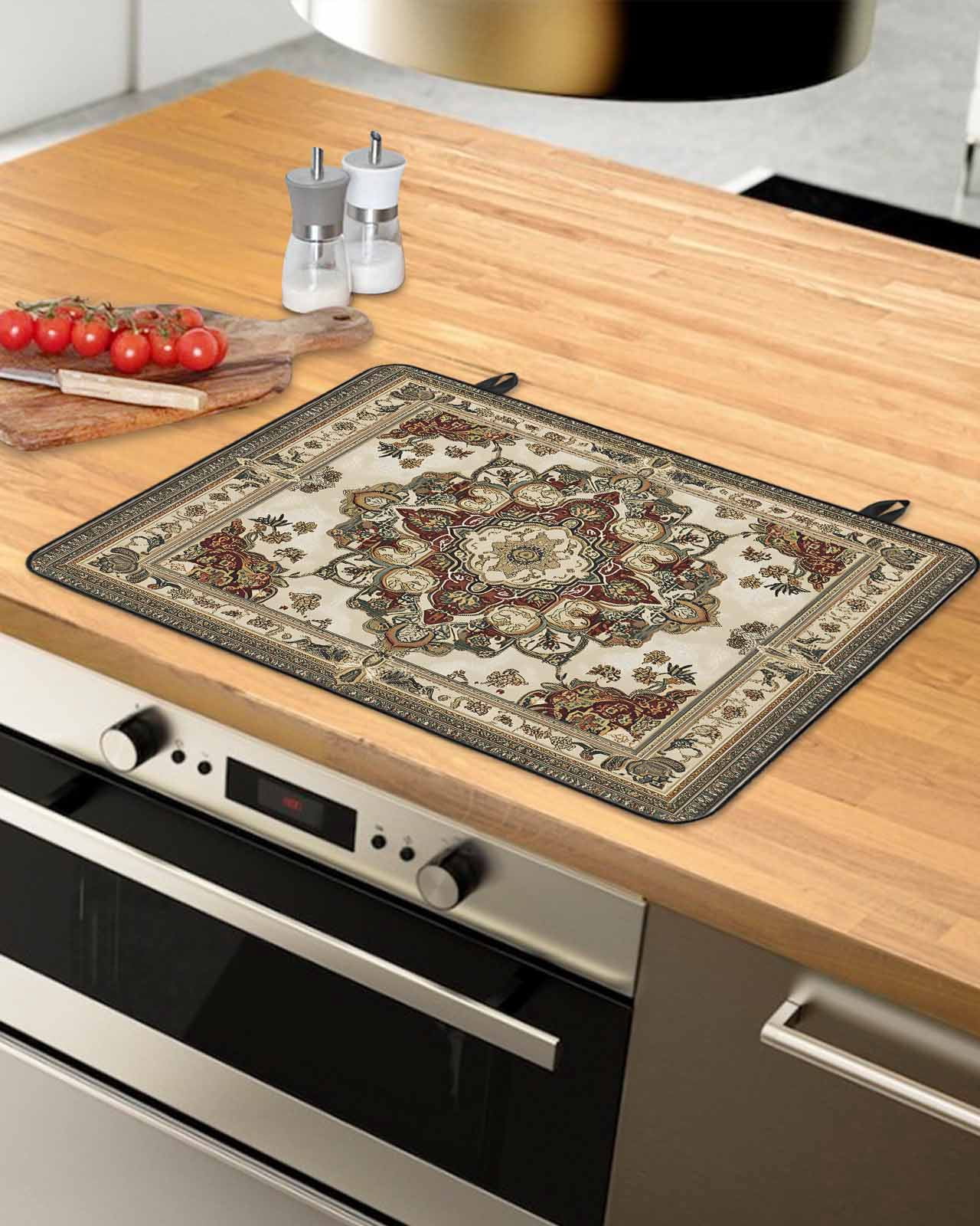nqOlkjepod Large Induction Cooktop Protector Mat 36"x21", Brown Floral Stove Top Covers for Electric Stove, Bohemian Vintage Ethnic Tribals Decorative Stove Burner Cover Mats, Glass Top Stove Cover