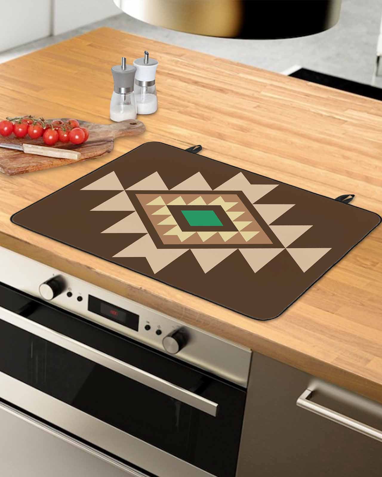nqOlkjepod Large Induction Cooktop Protector Mat 36"x21", Brown Green Boho Stove Top Covers for Electric Stove, Vintage Southwest Abstract Geometric Stove Burner Cover Mats, Glass Top Stove Cover