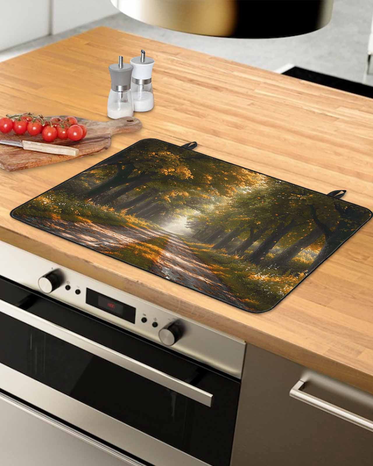 nqOlkjepod Large Induction Cooktop Protector Mat 36"x21", Brown Trees Stove Top Covers for Electric Stove, Forest Art Decor Spring Summer Nature Leaf Stove Burner Cover Mats, Glass Top Stove Cover