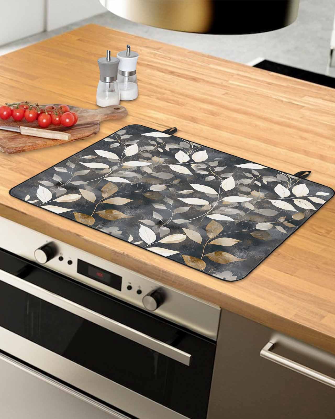 nqOlkjepod Large Induction Cooktop Protector Mat 36"x21", Brown White Leaves Stove Top Covers for Electric Stove, Farmhouse Vintage Botanical Plants Stove Burner Cover Mats, Glass Top Stove Cover