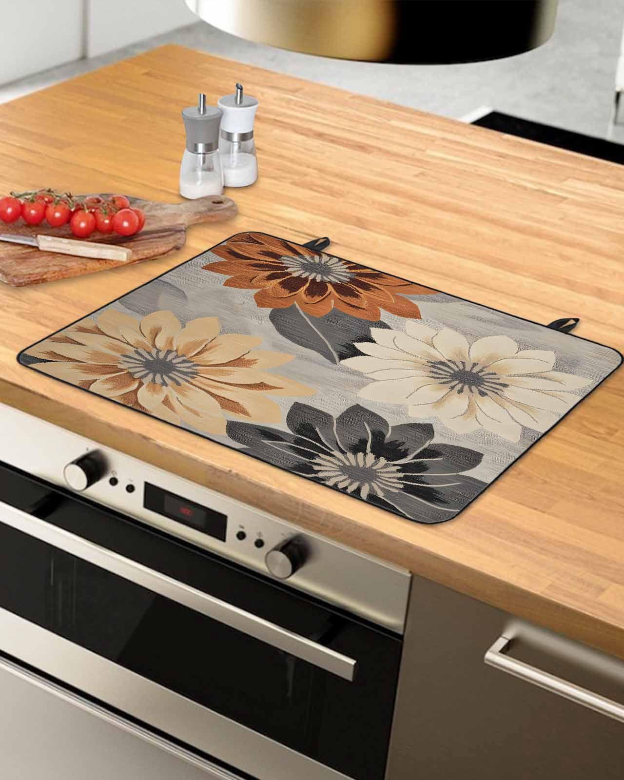 nqOlkjepod Large Induction Cooktop Protector Mat 36"x21", Burnt Orange Grey Black Flower Stove Top Covers for Electric Stove, Spring Floral Botanical Stove Burner Cover Mats, Glass Top Stove Cover