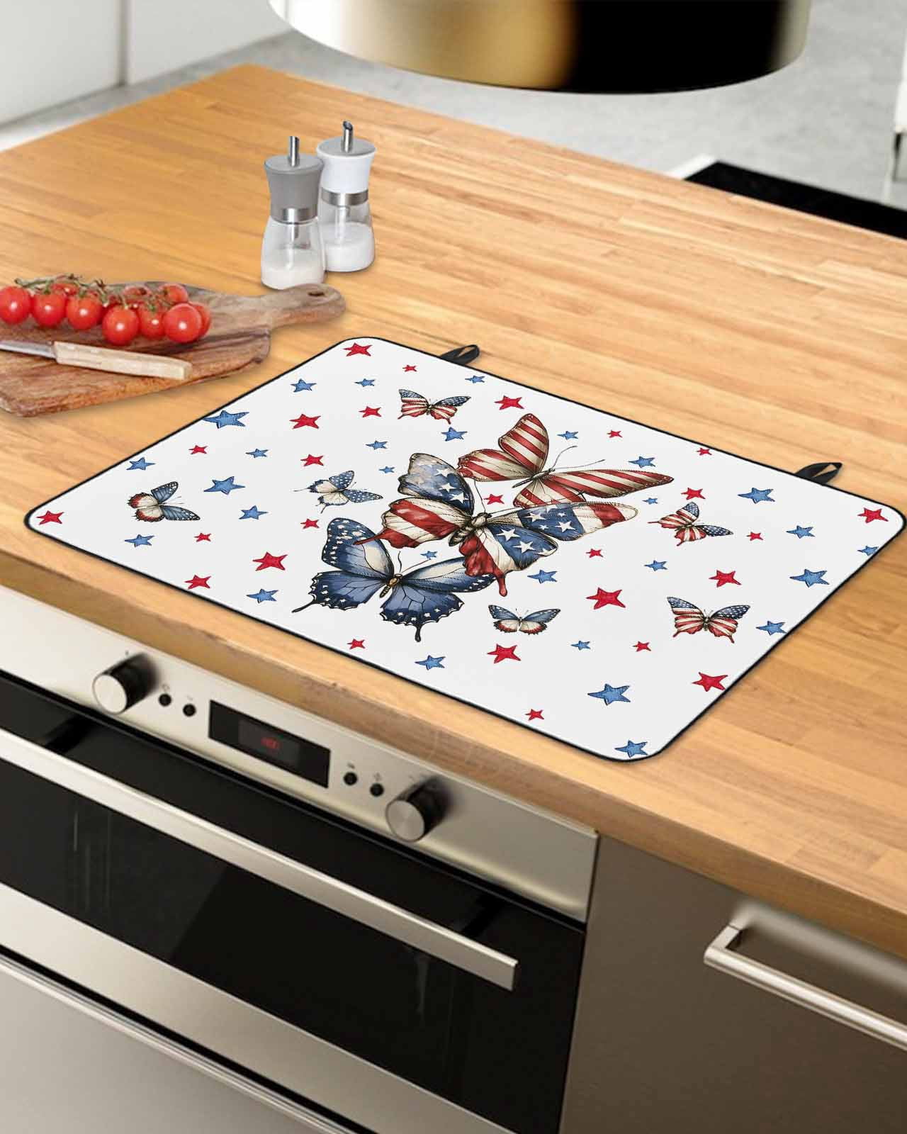 nqOlkjepod Large Induction Cooktop Protector Mat 36"x21", Butterfly 4th of July Stove Top Covers for Electric Stove, Independence Day Blue Red Star Stove Burner Cover Mats, Glass Top Stove Cover