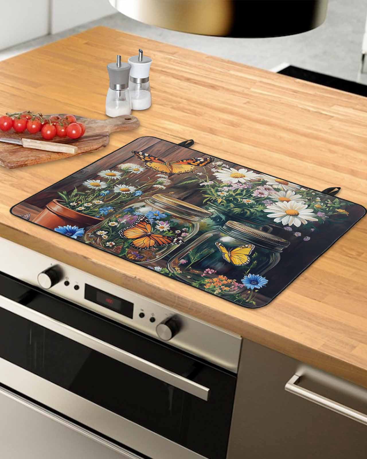nqOlkjepod Large Induction Cooktop Protector Mat 36"x21", Butterfly Floral Stove Top Covers for Electric Stove, Country Daisy Wildflower Brown Barn Door Stove Burner Cover Mats Stove Cover
