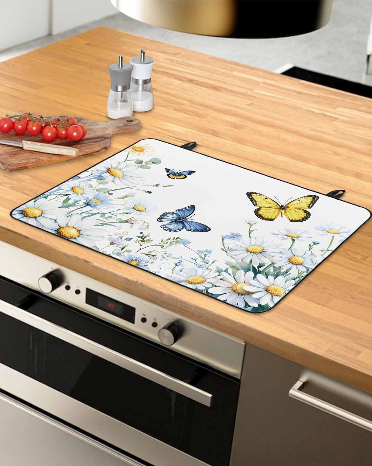 nqOlkjepod Large Induction Cooktop Protector Mat 36"x21", Butterfly Spring Floral Stove Top Covers for Electric Stove, Daisy Flowers Botanical Country Stove Burner Cover Mats, Glass Top Stove Cover