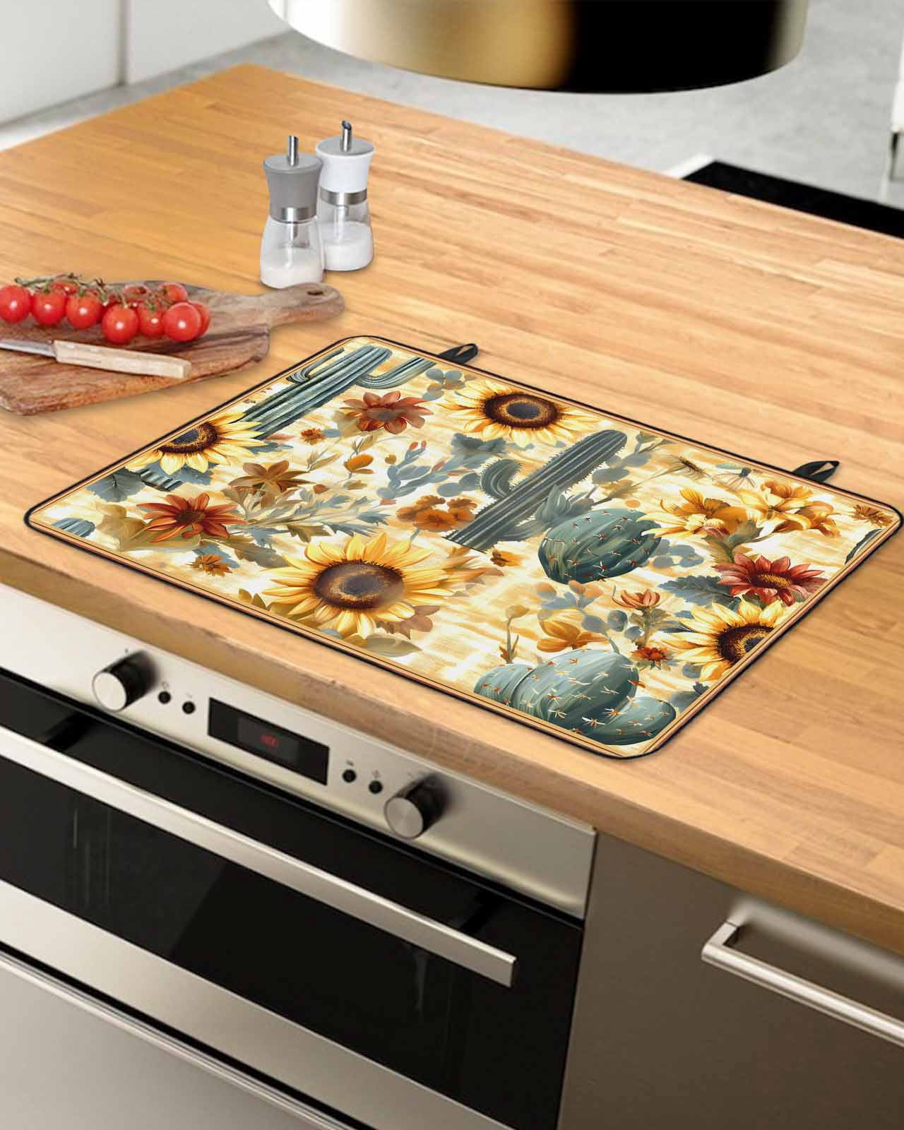 nqOlkjepod Large Induction Cooktop Protector Mat 36"x21", Cactus Sunflowers Stove Top Covers for Electric Stove, Watercolor Summer Floral Decorative Stove Burner Cover Mats, Glass Top Stove Cover
