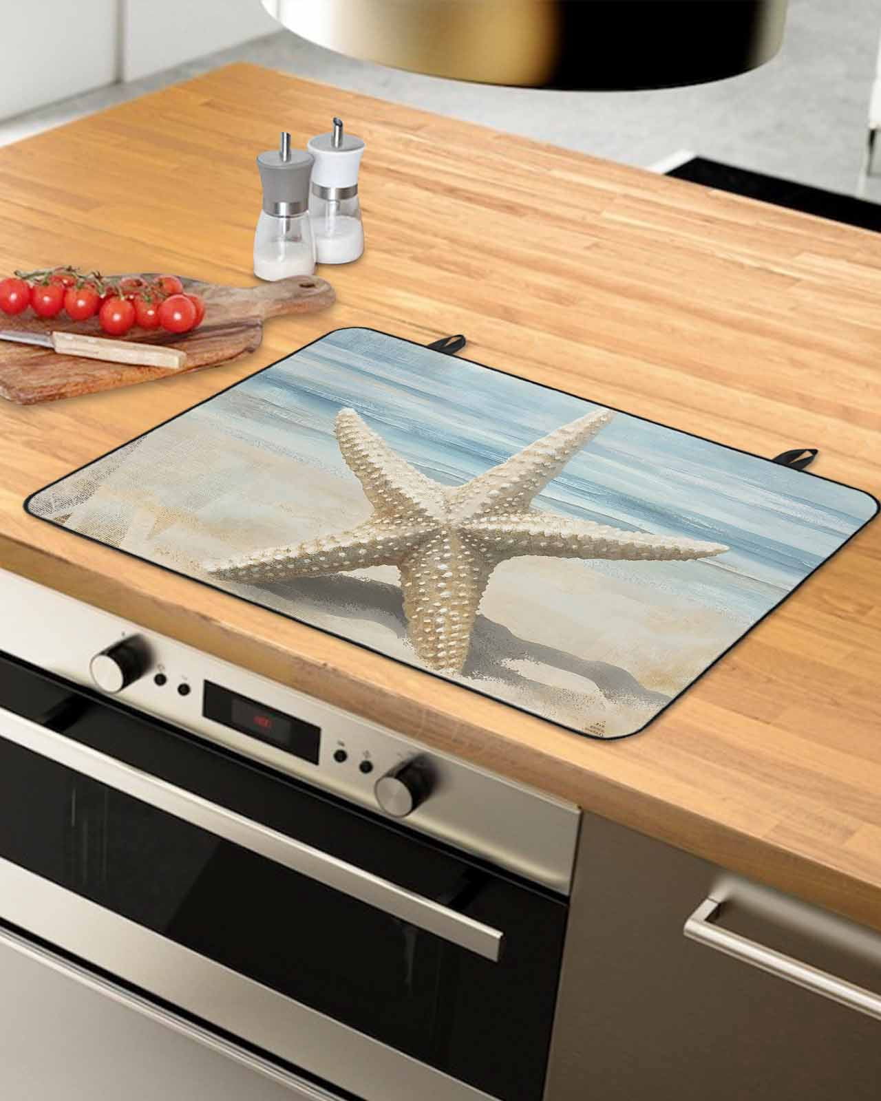 nqOlkjepod Large Induction Cooktop Protector Mat 36"x21", Coastal Beach Starafish Stove Top Covers for Electric Stove, Summer Ocean Wave Blue Beige Stove Burner Cover Mats, Glass Top Stove Cover