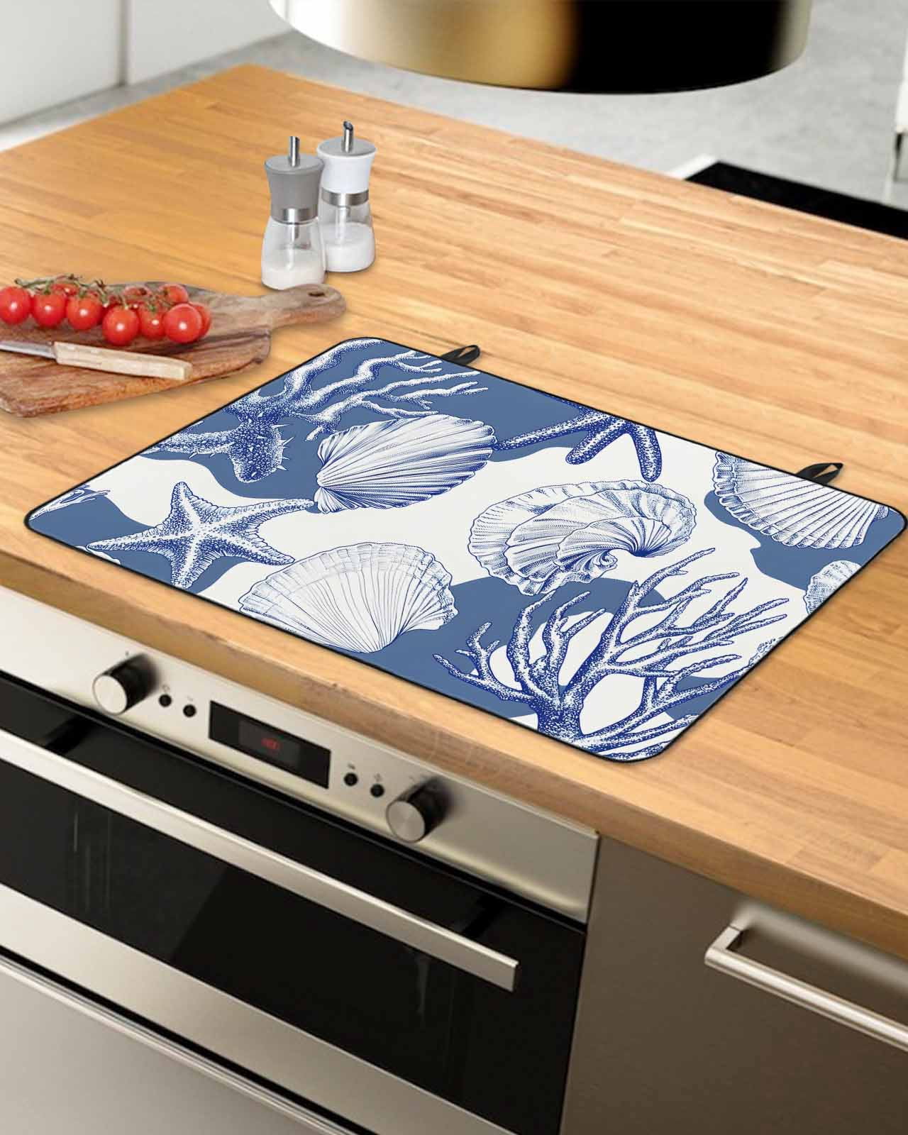 nqOlkjepod Large Induction Cooktop Protector Mat 36"x21", Coastal Blue Coral Stove Top Covers for Electric Stove, Summer Ocean Watercolor Shell Stove Burner Cover Mats, Glass Top Stove Cover