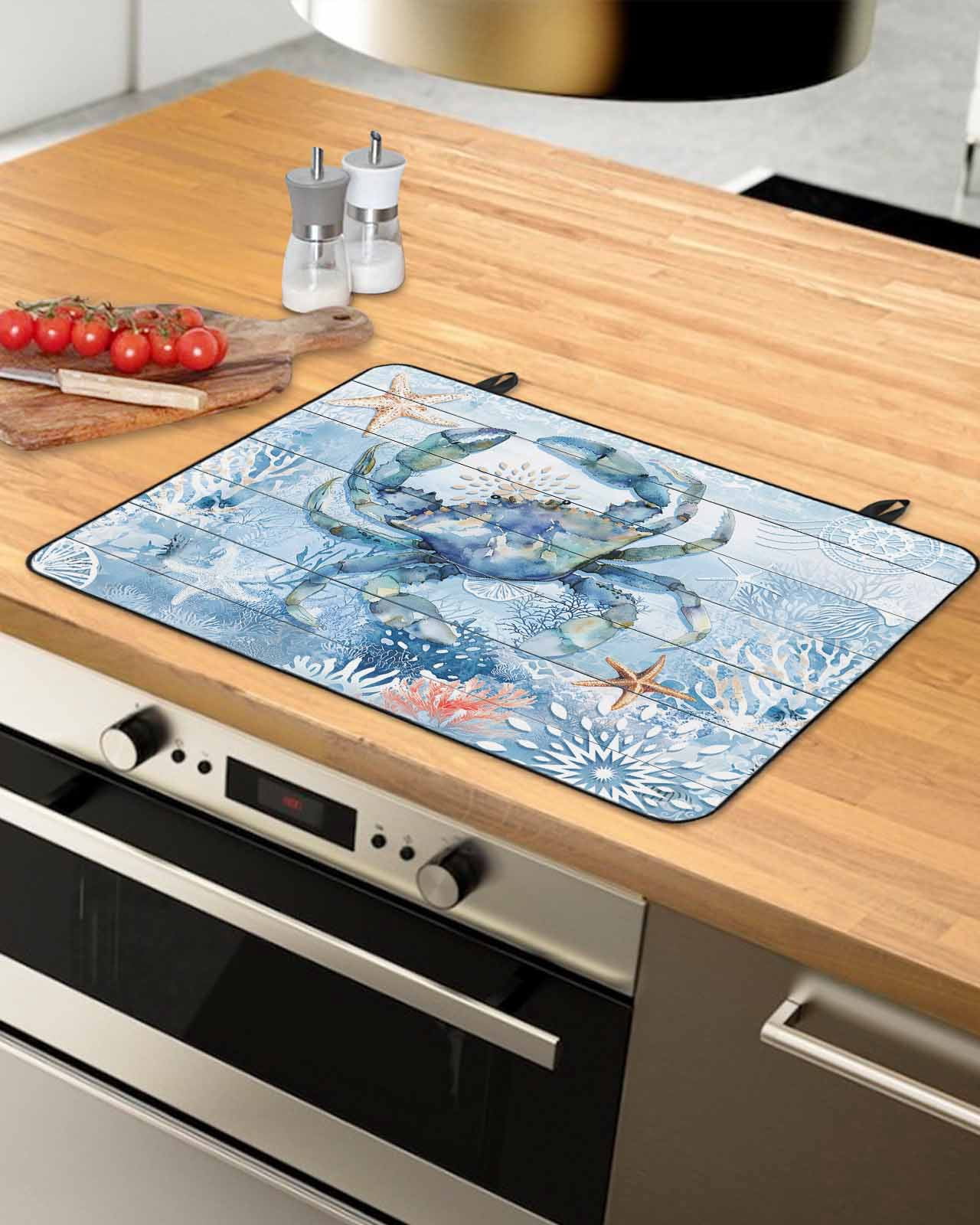 nqOlkjepod Large Induction Cooktop Protector Mat 36"x21", Coastal Blue Crab Stove Top Covers for Electric Stove, Ocean Nautical Starfish Coral Wooden Stove Burner Cover Mats, Glass Top Stove Cover