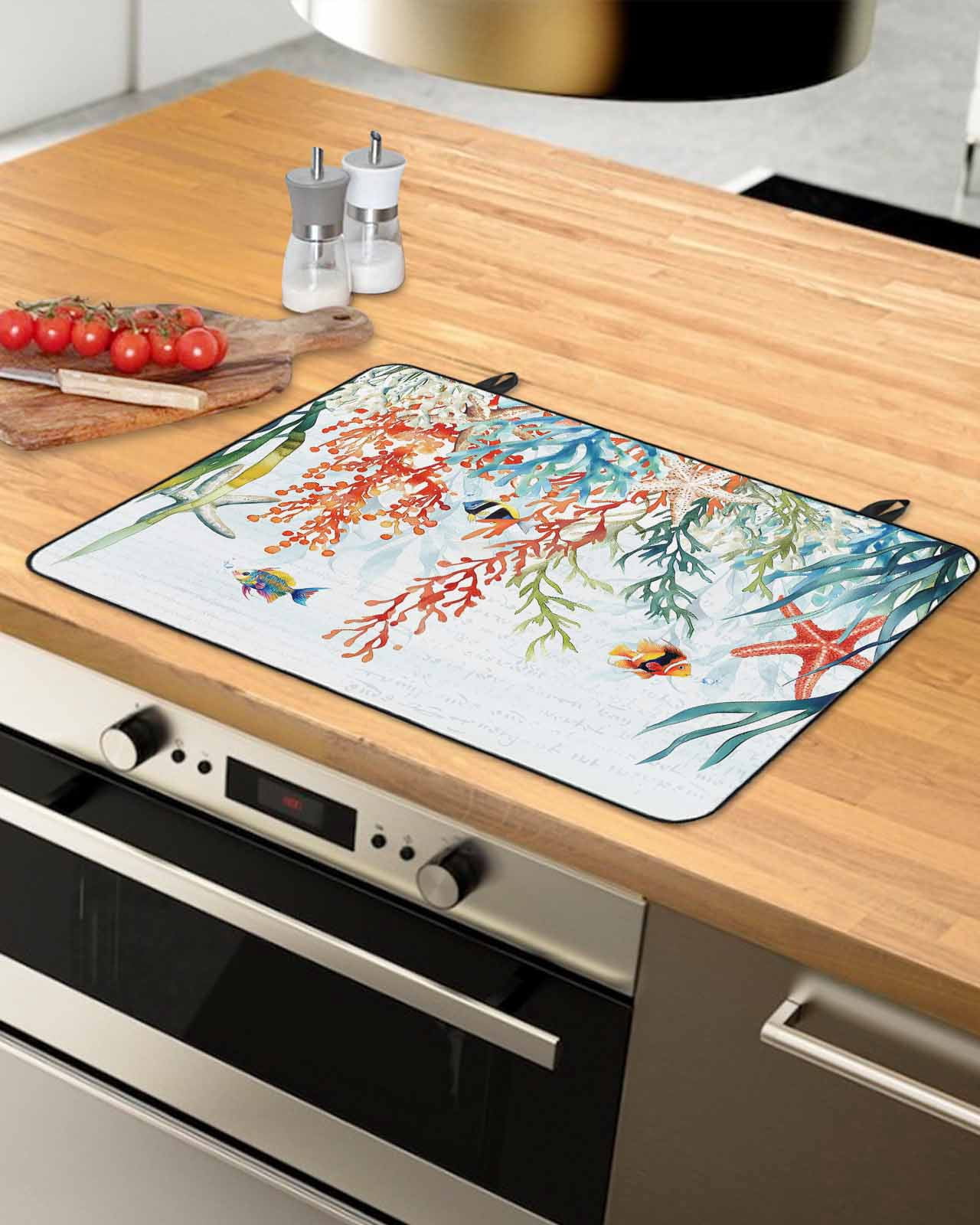 nqOlkjepod Large Induction Cooktop Protector Mat 36"x21", Coastal Coral Stove Top Covers for Electric Stove, Summer Beach Ocean Starfish Seagrass Stove Burner Cover Mats, Glass Top Stove Cover