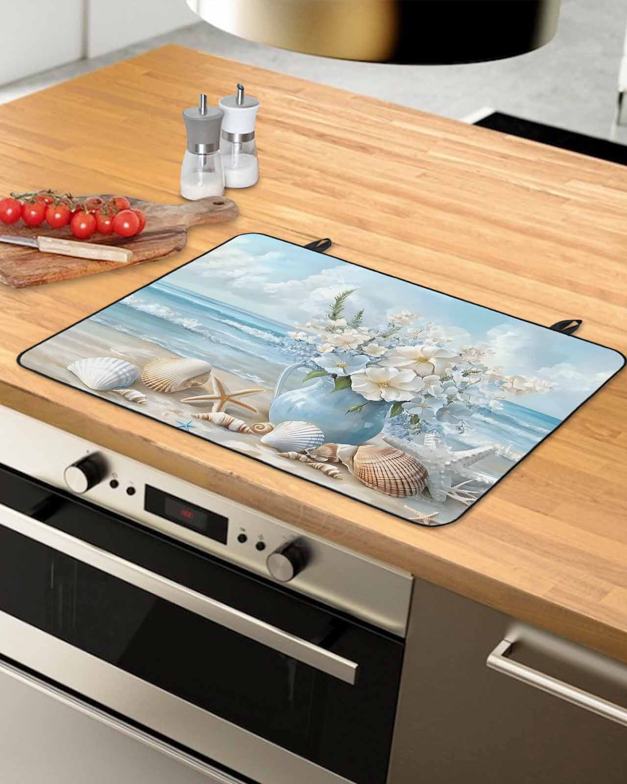 nqOlkjepod Large Induction Cooktop Protector Mat 36"x21", Coastal Flowers Stove Top Covers for Electric Stove, Blue Ocean Starfish Shell Beach Scenery Stove Burner Cover Mats, Glass Top Stove Cover