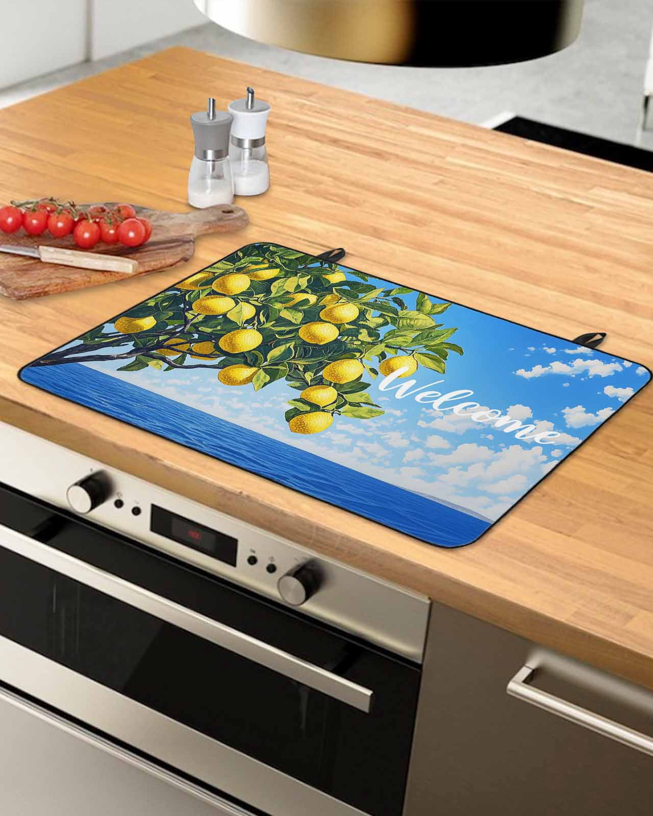 nqOlkjepod Large Induction Cooktop Protector Mat 36"x21", Coastal Lemon Stove Top Covers for Electric Stove, Summer Ocean Sea Yellow Fruits Leaf Tree Stove Burner Cover Mats, Glass Top Stove Cover