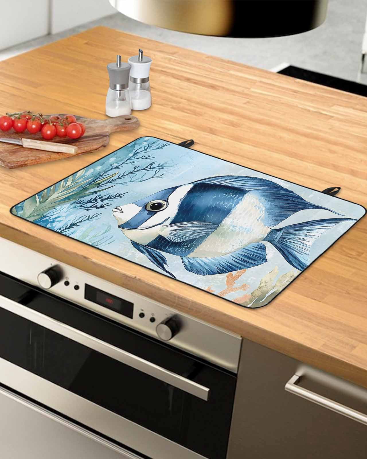 nqOlkjepod Large Induction Cooktop Protector Mat 36"x21", Coastal Ocean Fish Stove Top Covers for Electric Stove, Summer Watercolor Coral Decorative Stove Burner Cover Mats, Glass Top Stove Cover