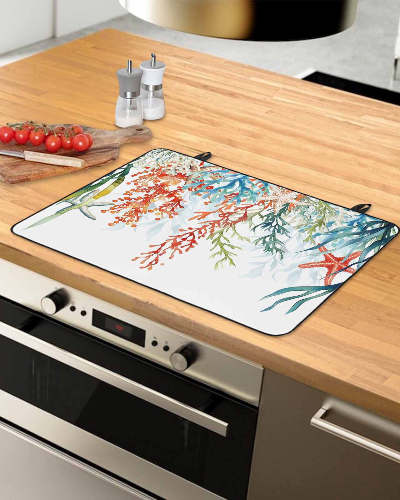 nqOlkjepod Large Induction Cooktop Protector Mat 36"x21", Coastal Ocean Stove Top Covers for Electric Stove, Summer Beach Coral Starfish Seagrass Stove Burner Cover Mats, Glass Top Stove Cover