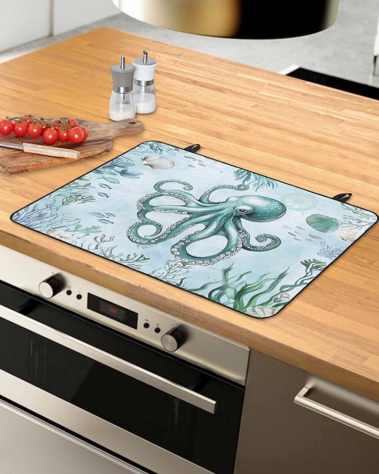 nqOlkjepod Large Induction Cooktop Protector Mat 36"x21", Coastal Octopus Stove Top Covers for Electric Stove, Cyan Nautical Fish Shells Seaweeds Stove Burner Cover Mats, Glass Top Stove Cover