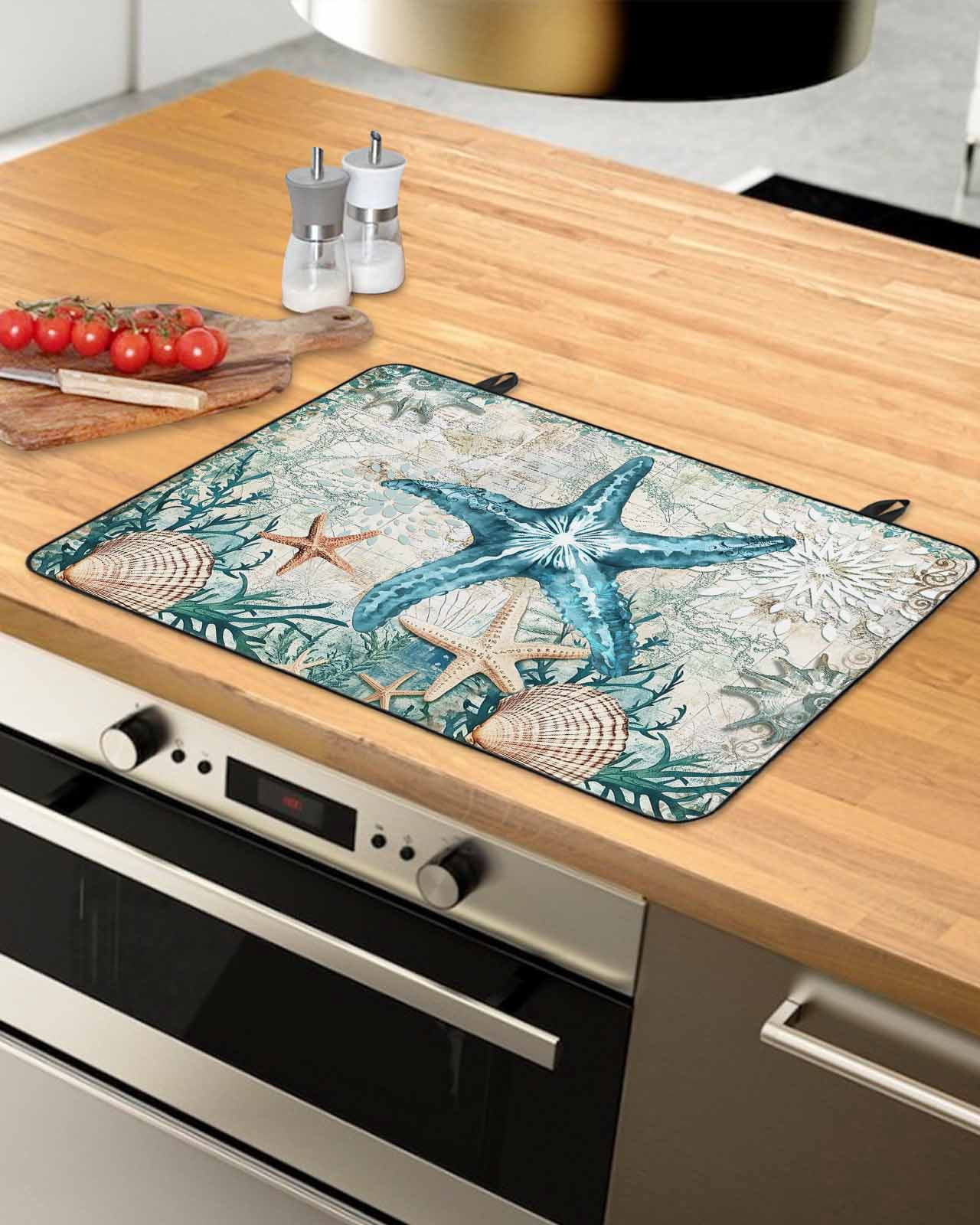 nqOlkjepod Large Induction Cooktop Protector Mat 36"x21", Coastal Starfish Stove Top Covers for Electric Stove, Ocean Coral Starfish Nautical Map Stove Burner Cover Mats, Glass Top Stove Cover