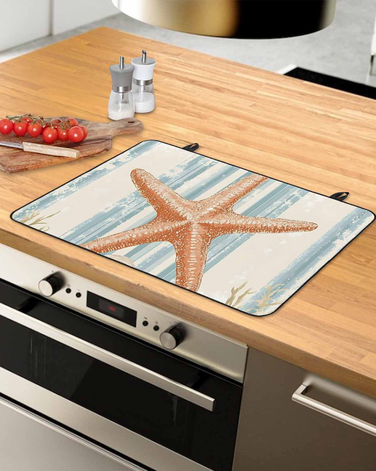 nqOlkjepod Large Induction Cooktop Protector Mat 36"x21", Coastal Starfish Stove Top Covers for Electric Stove, Ocean Watercolor Coral Stripe Stove Burner Cover Mats, Glass Top Stove Cover