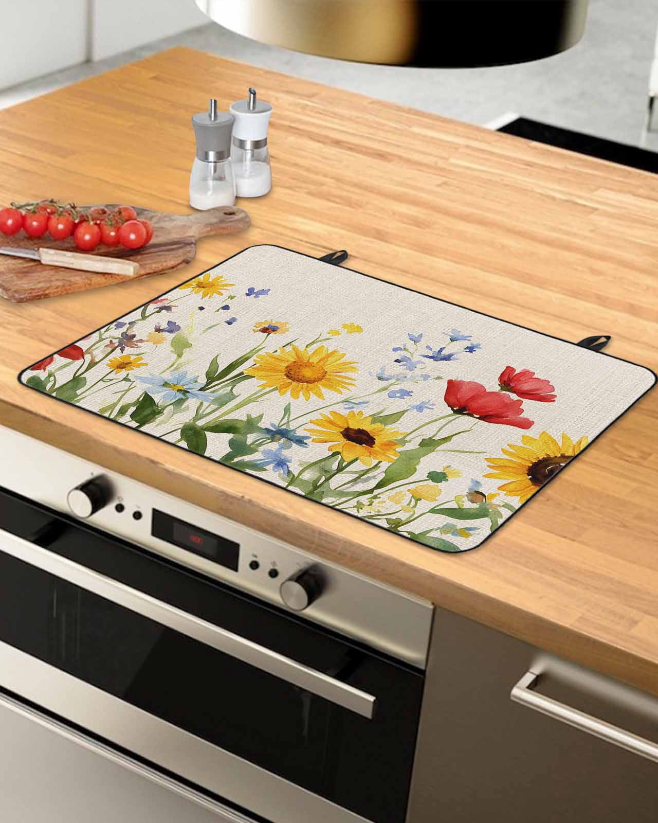 nqOlkjepod Large Induction Cooktop Protector Mat 36"x21", Colorful Floral Stove Top Covers for Electric Stove, Summer Pastoral Botanical Decorative Stove Burner Cover Mats, Glass Top Stove Cover