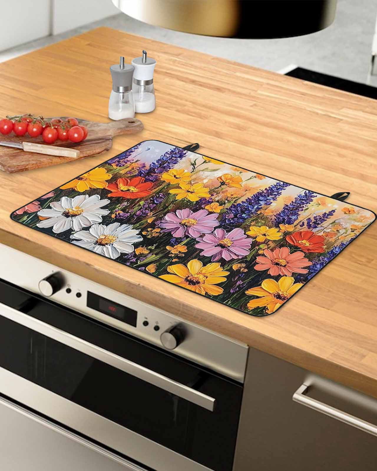nqOlkjepod Large Induction Cooktop Protector Mat 36"x21", Colorful Flowers Stove Top Covers for Electric Stove, Modern Botanical Floral Oil Painting Stove Burner Cover Mats, Glass Top Stove Cover