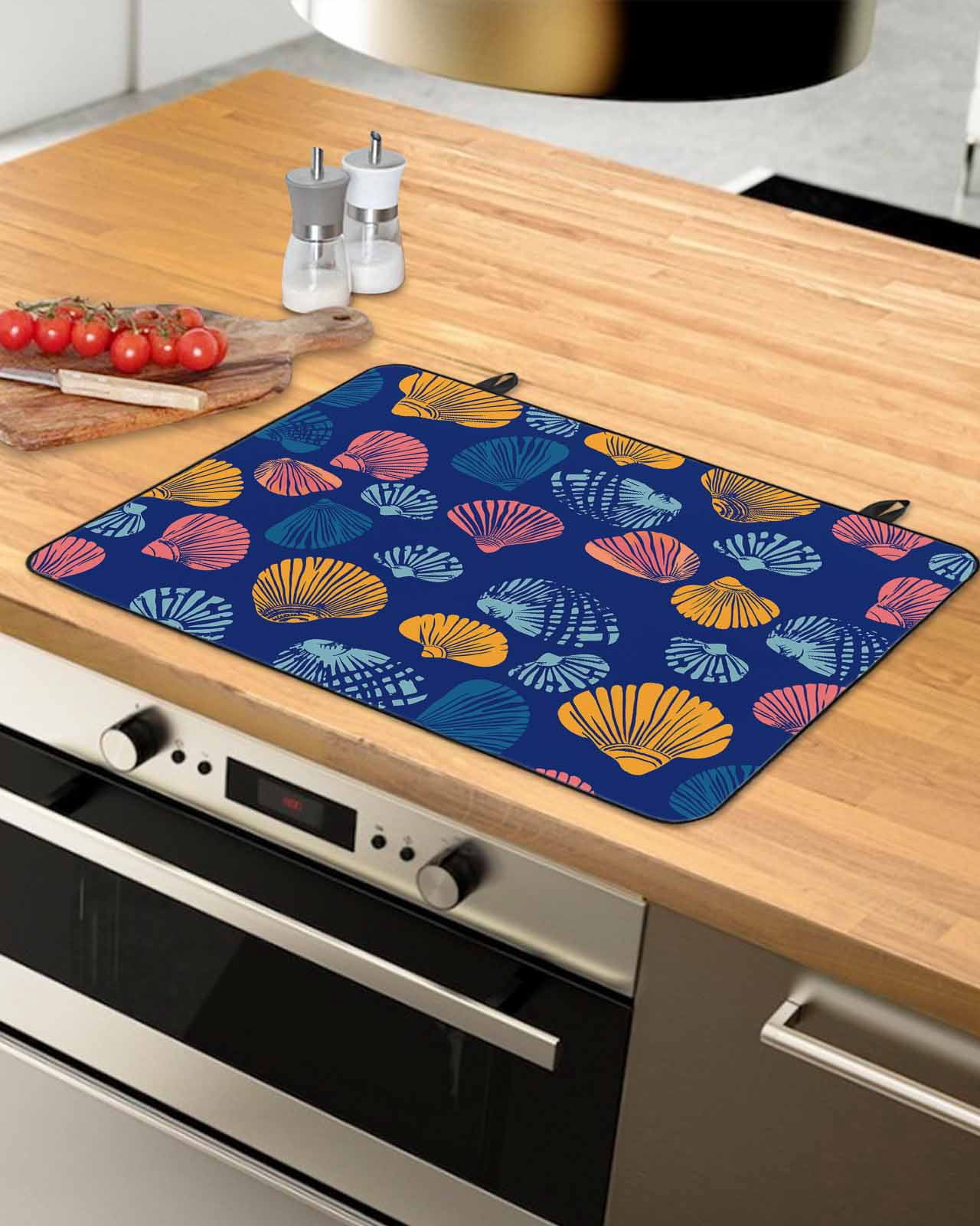 nqOlkjepod Large Induction Cooktop Protector Mat 36"x21", Colorful Shell Stove Top Covers for Electric Stove, Navy Blue Summer Beach Coastal Decorative Stove Burner Cover Mats, Glass Top Stove Cover