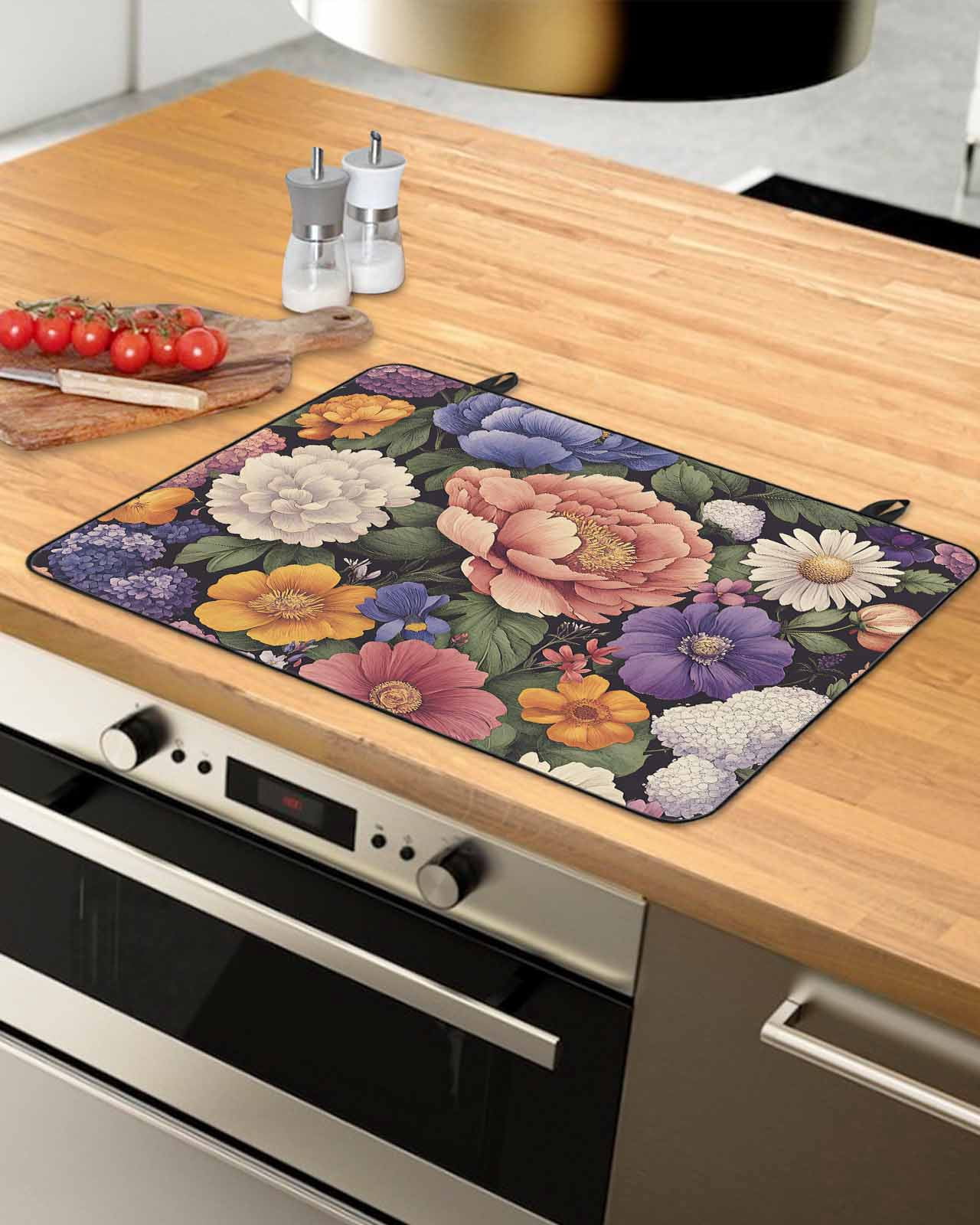 nqOlkjepod Large Induction Cooktop Protector Mat 36"x21", Colorful Spring Floral Stove Top Covers for Electric Stove, Botanical Summer Retro Decorative Stove Burner Cover Mats, Glass Top Stove Cover