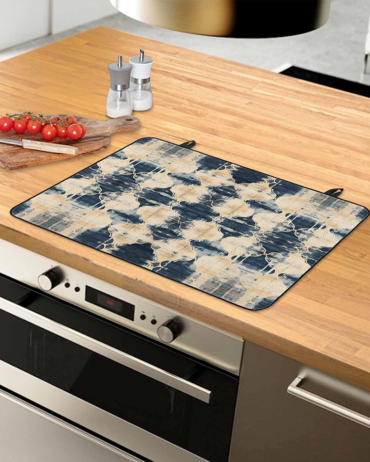 nqOlkjepod Large Induction Cooktop Protector Mat 36"x21", Dark Blue Boho Stove Top Covers for Electric Stove, Vintage Shabby Chic Abstract Motifs Stove Burner Cover Mats, Glass Top Stove Cover