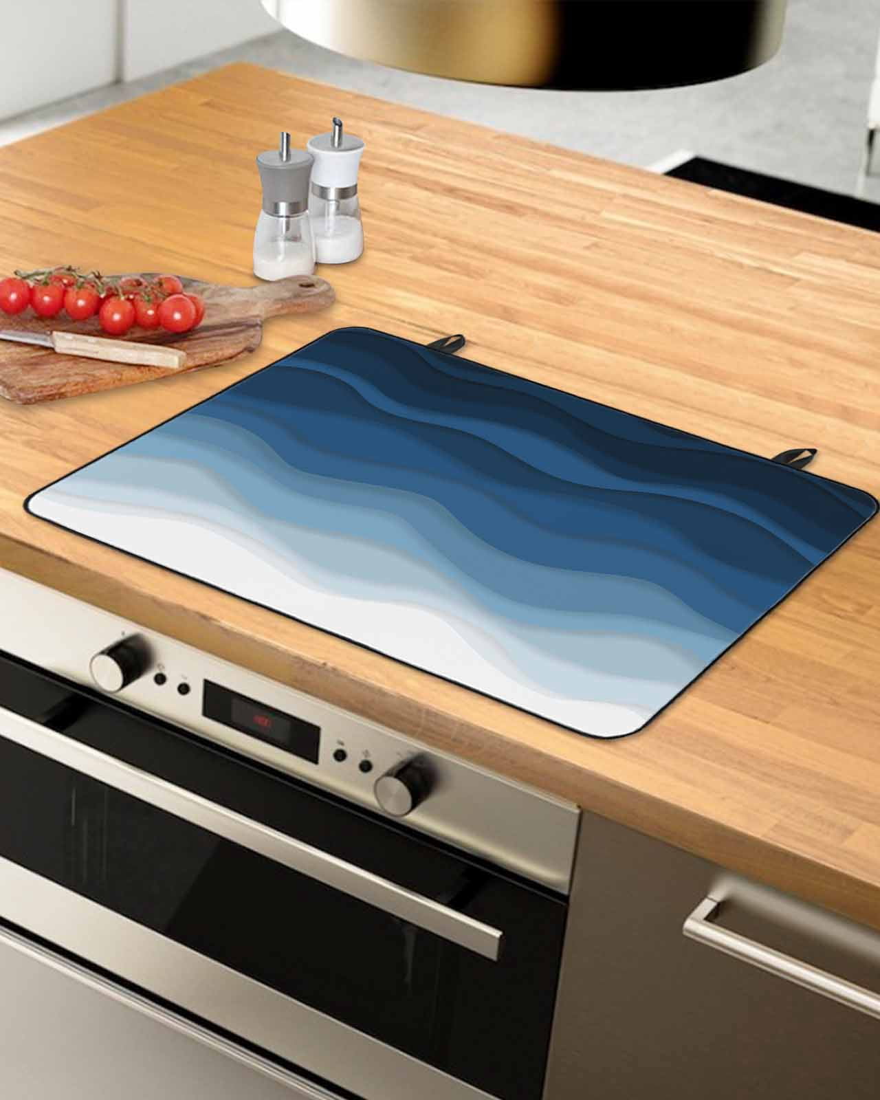 nqOlkjepod Large Induction Cooktop Protector Mat 36"x21", Dark Blue Stripes Stove Top Covers for Electric Stove, Gradient Abstract Sea Waves Beach Stove Burner Cover Mats, Glass Top Stove Cover