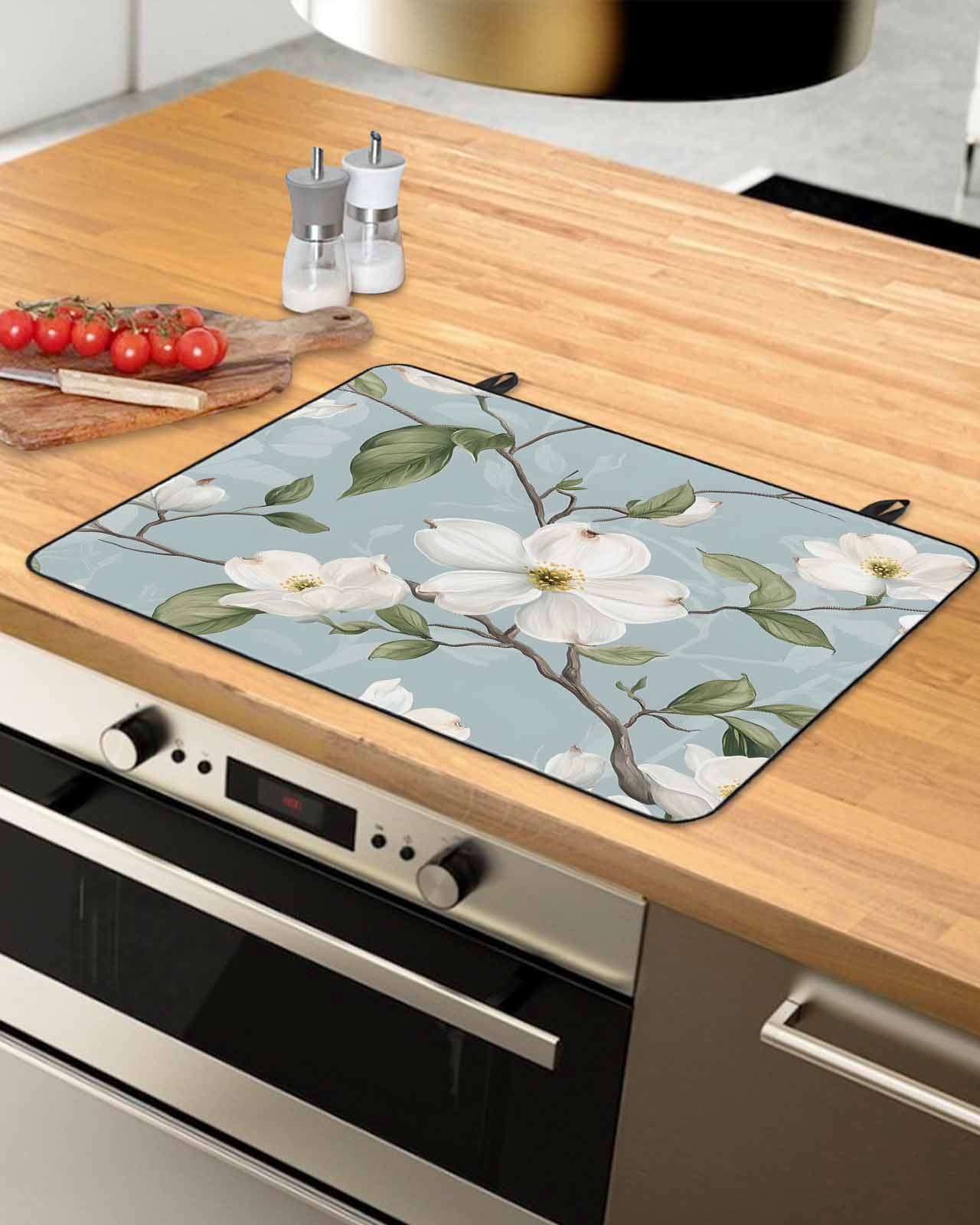 nqOlkjepod Large Induction Cooktop Protector Mat 36"x21", Elegant Floral Stove Top Covers for Electric Stove, Watercolor Blue Garden Floral Spring Stove Burner Cover Mats, Glass Top Stove Cover