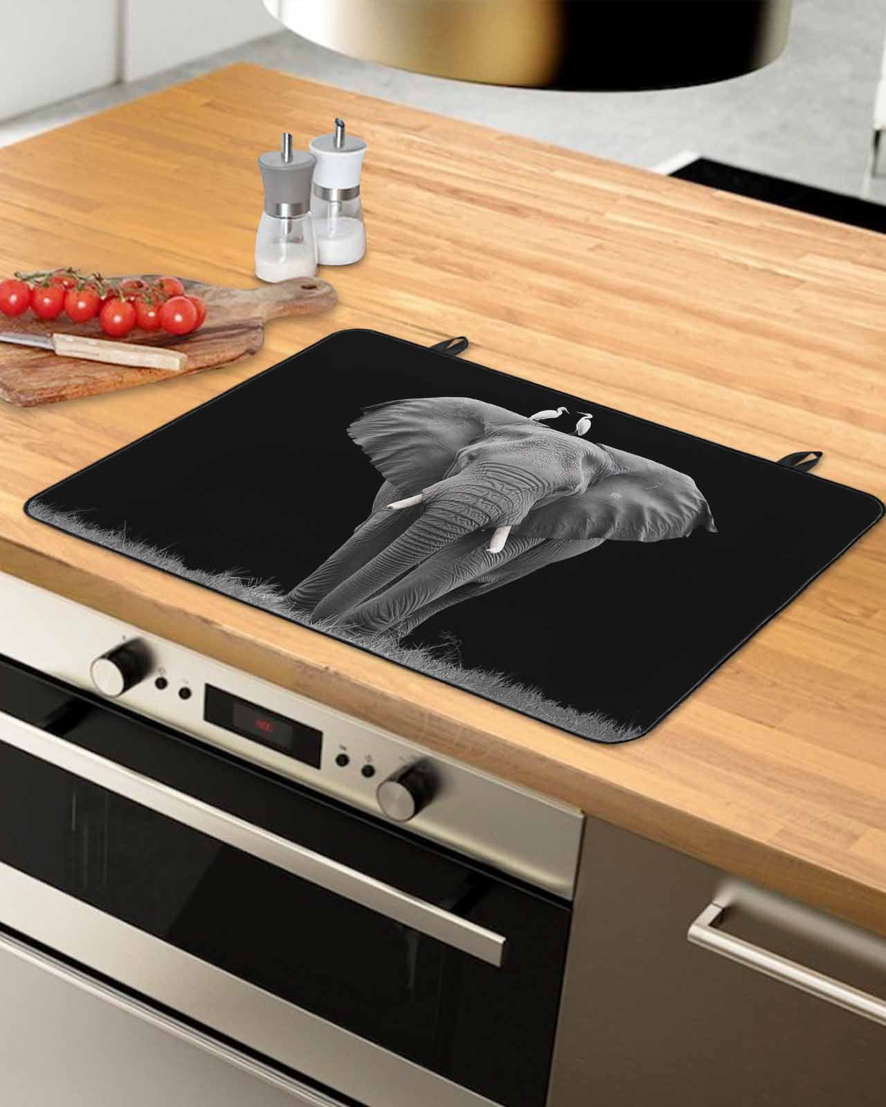 nqOlkjepod Large Induction Cooktop Protector Mat 36"x21", Elephant Bird Stove Top Covers for Electric Stove, Modern Pastoral Animal Black Grey Stove Burner Cover Mats, Glass Top Stove Cover