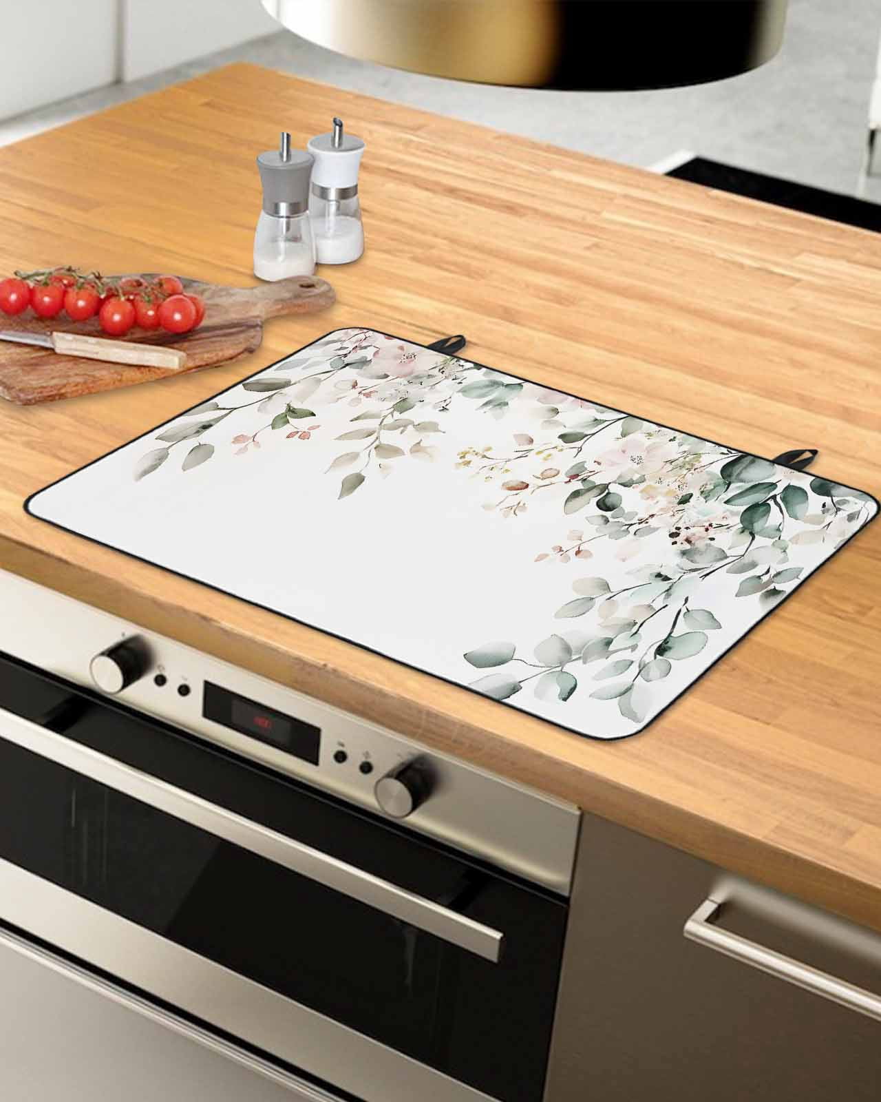 nqOlkjepod Large Induction Cooktop Protector Mat 36"x21", Eucalyptus Floral Stove Top Covers for Electric Stove, Spring Summer Botanical Decorative Stove Burner Cover Mats, Glass Top Stove Cover