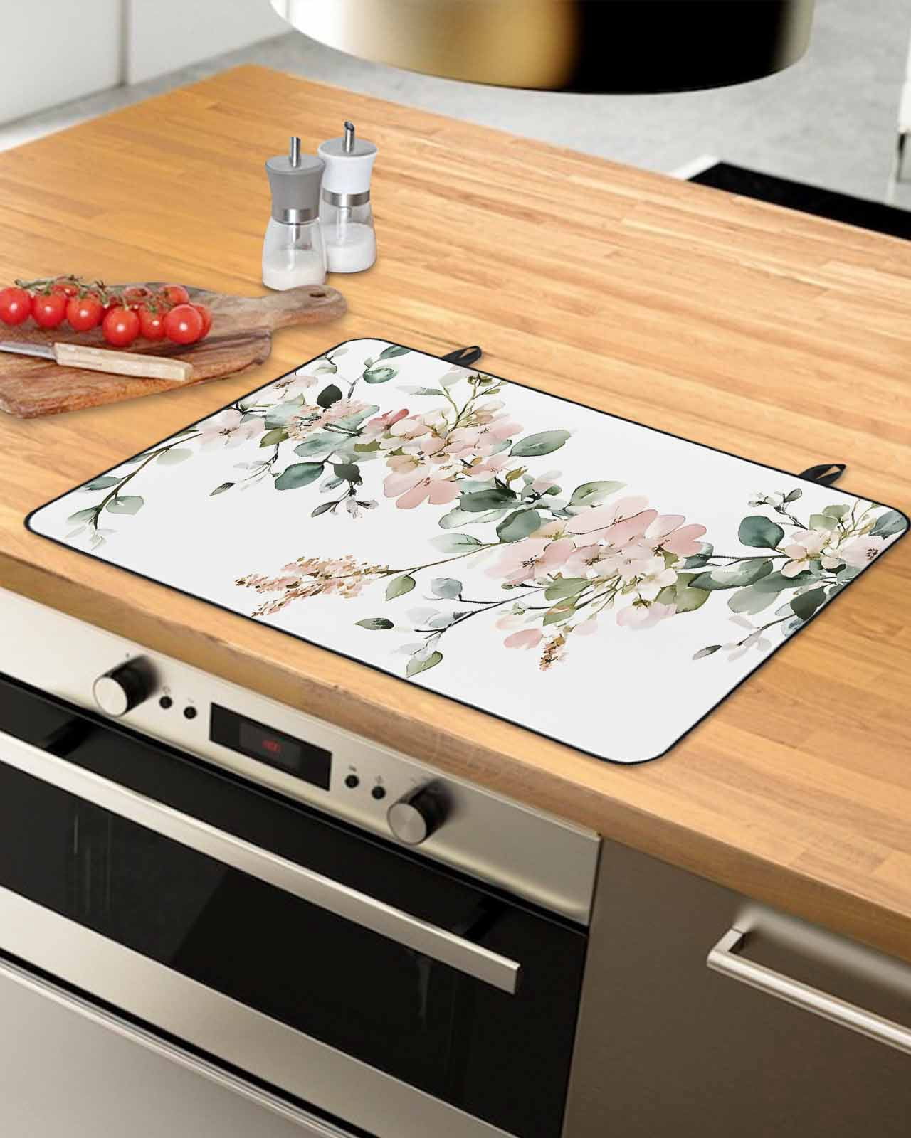 nqOlkjepod Large Induction Cooktop Protector Mat 36"x21", Eucalyptus Floral Stove Top Covers for Electric Stove, Vintage Spring Botanical Leaves Stove Burner Cover Mats, Glass Top Stove Cover
