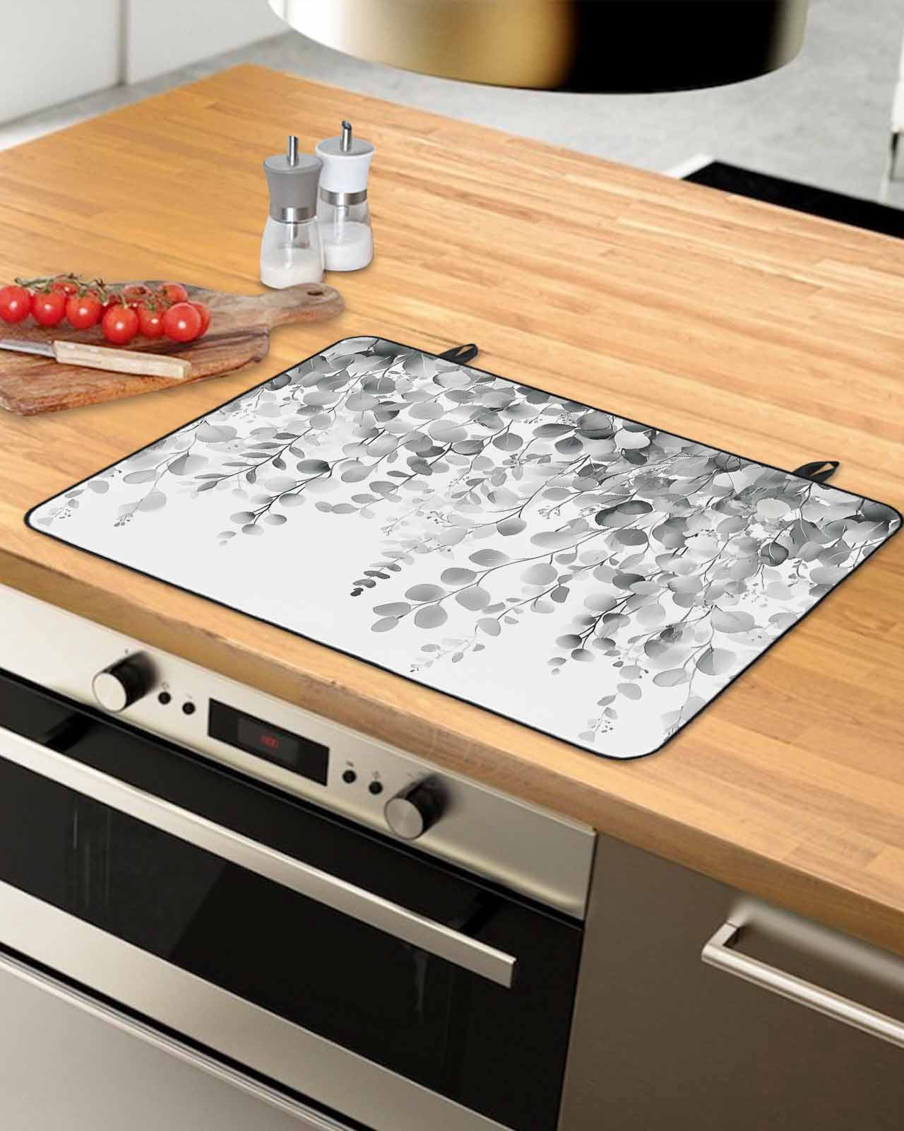 nqOlkjepod Large Induction Cooktop Protector Mat 36"x21", Eucalyptus Grey Stove Top Covers for Electric Stove, Farmhouse Leaves Summer Spring Leaf Stove Burner Cover Mats, Glass Top Stove Cover
