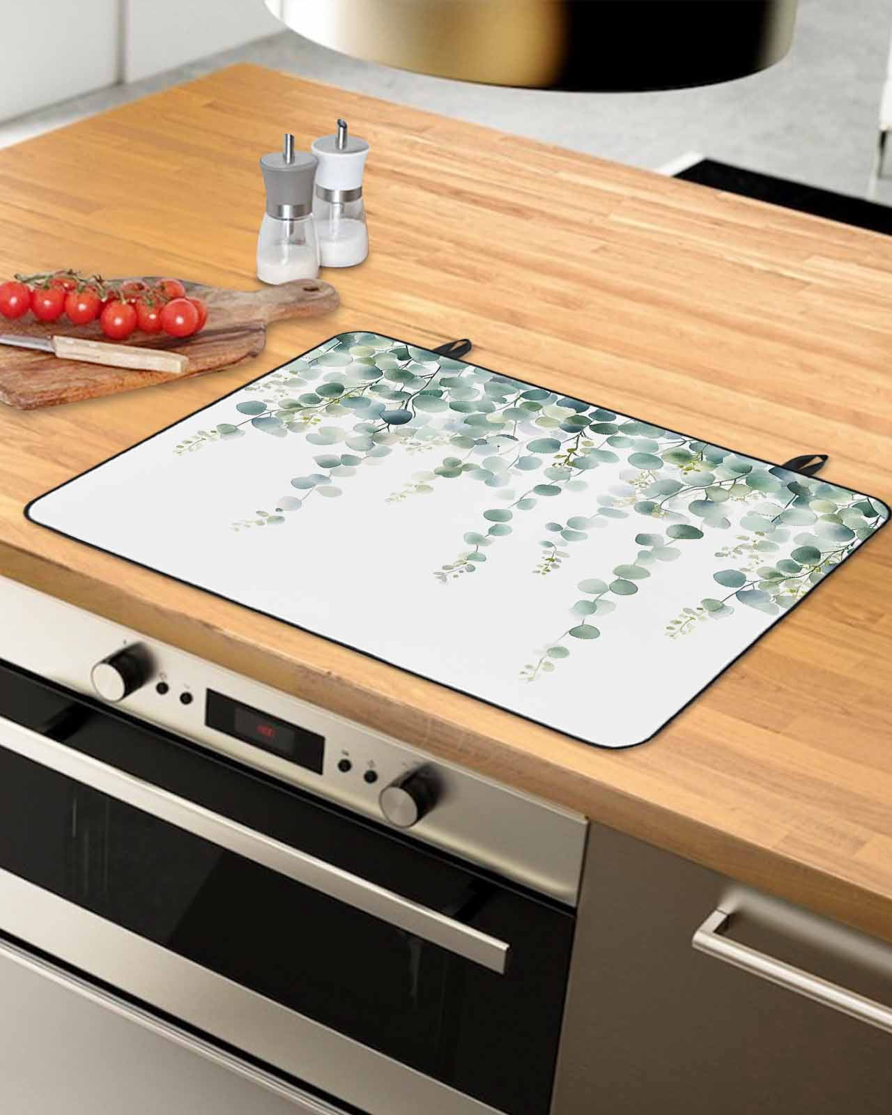 nqOlkjepod Large Induction Cooktop Protector Mat 36"x21", Eucalyptus Leaves Stove Top Covers for Electric Stove, Pastoral Rustic Botanical Watercolor Stove Burner Cover Mats, Glass Top Stove Cover