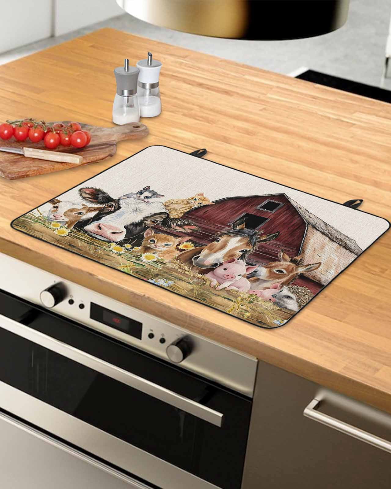 nqOlkjepod Large Induction Cooktop Protector Mat 36"x21", Farm Cow Pig Stove Top Covers for Electric Stove, Farmhouse Animals Retro Fench Wood Bran Stove Burner Cover Mats, Glass Top Stove Cover