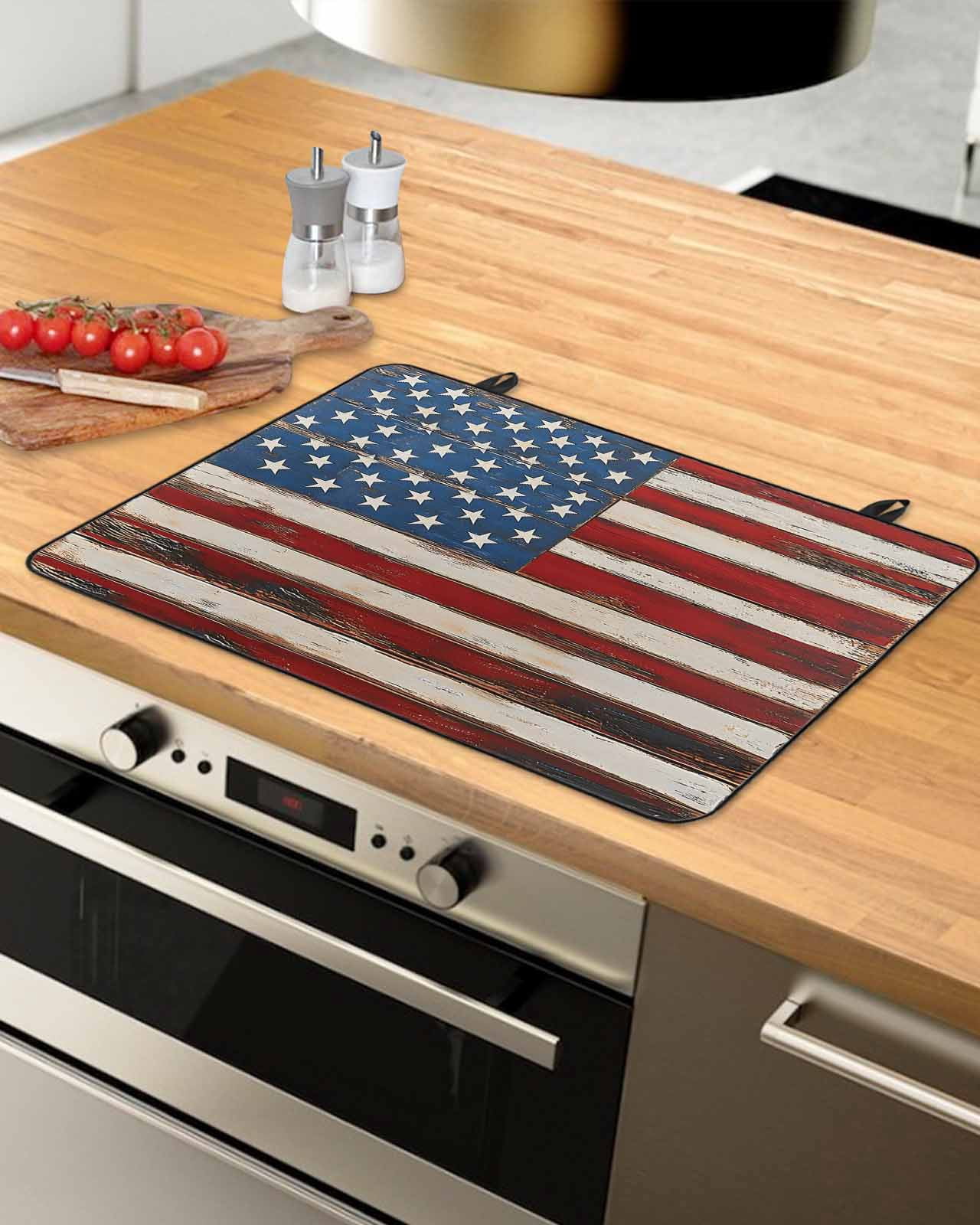 nqOlkjepod Large Induction Cooktop Protector Mat 36"x21", Farmhouse American Flag Stove Top Covers for Electric Stove, Blue Red USA Flag Vintage Stove Burner Cover Mats, Glass Top Stove Cover