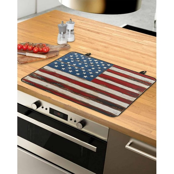 nqOlkjepod Large Induction Cooktop Protector Mat 36"x21", Farmhouse American Flag Stove Top Covers for Electric Stove, Blue Red USA Flag Vintage Stove Burner Cover Mats, Glass Top Stove Cover
