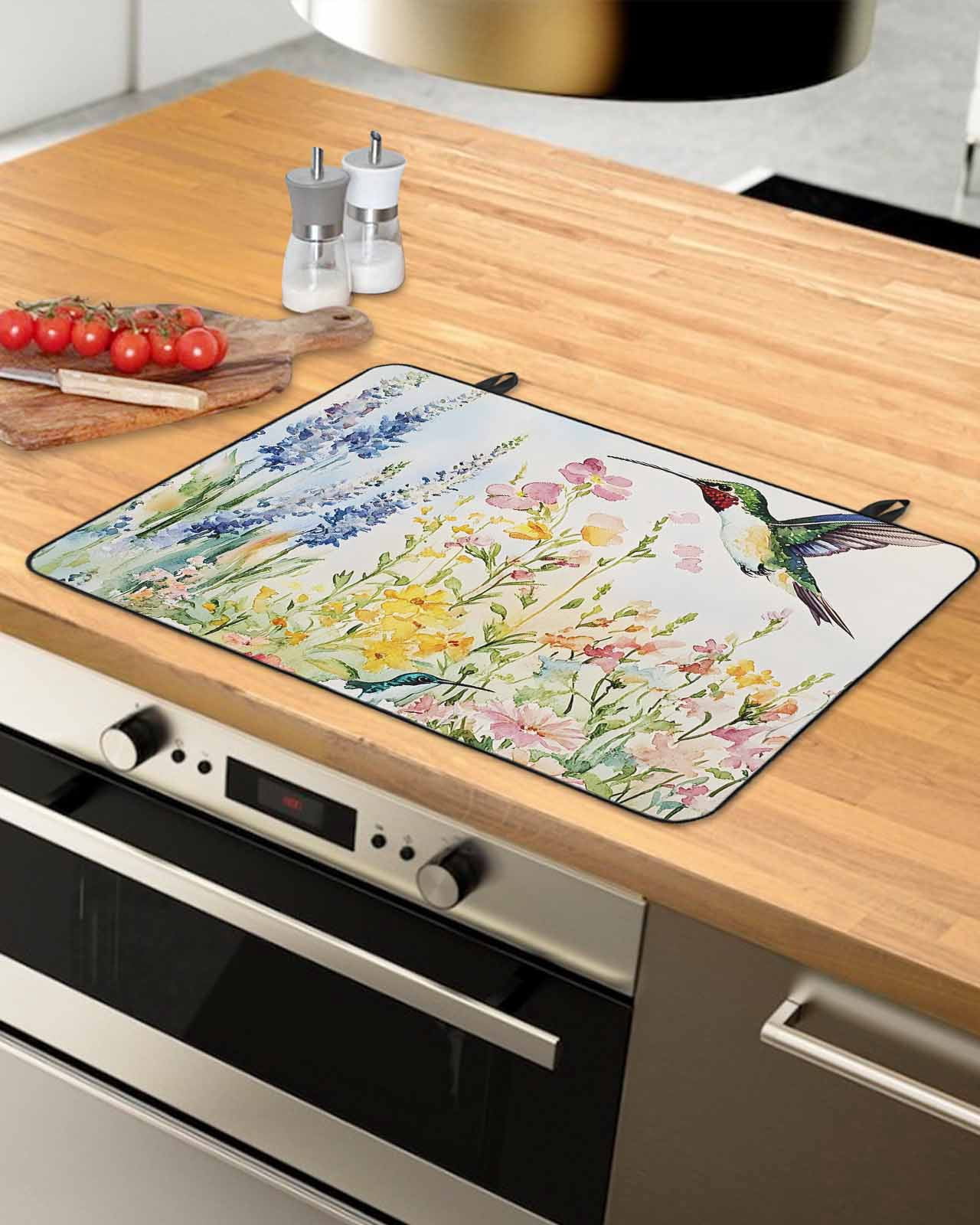 nqOlkjepod Large Induction Cooktop Protector Mat 36"x21", Floral Hummingbird Stove Top Covers for Electric Stove, Spring Watercolor Flowers Decorative Stove Burner Cover Mats, Glass Top Stove Cover