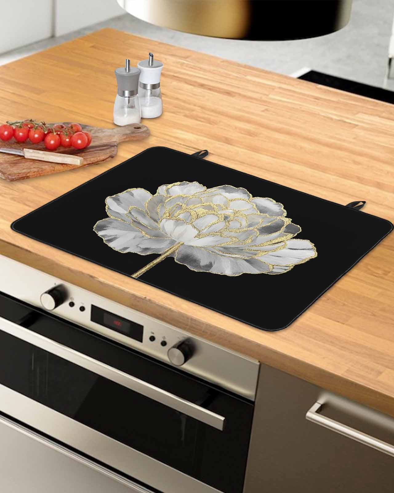 nqOlkjepod Large Induction Cooktop Protector Mat 36"x21", Flower Black Stove Top Covers for Electric Stove, Gold White Abstract Floral Aesthetic Stove Burner Cover Mats, Glass Top Stove Cover