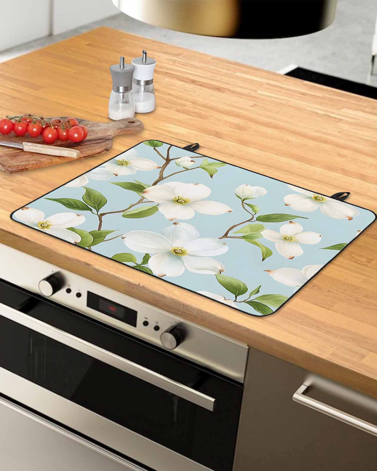 nqOlkjepod Large Induction Cooktop Protector Mat 36"x21", Flower Floral Stove Top Covers for Electric Stove, Country Branch Leaves Watercolor Blue Stove Burner Cover Mats, Glass Top Stove Cover