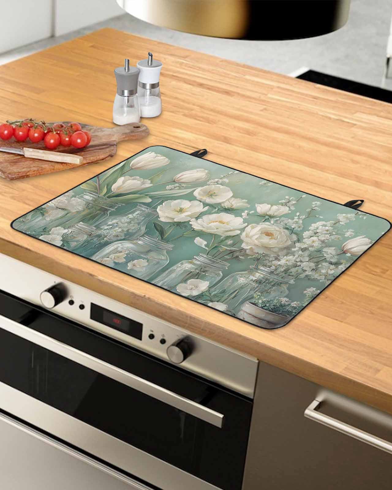 nqOlkjepod Large Induction Cooktop Protector Mat 36"x21", Flower Green Stove Top Covers for Electric Stove, Botanical Garden Florals Modern Art Stove Burner Cover Mats, Glass Top Stove Cover
