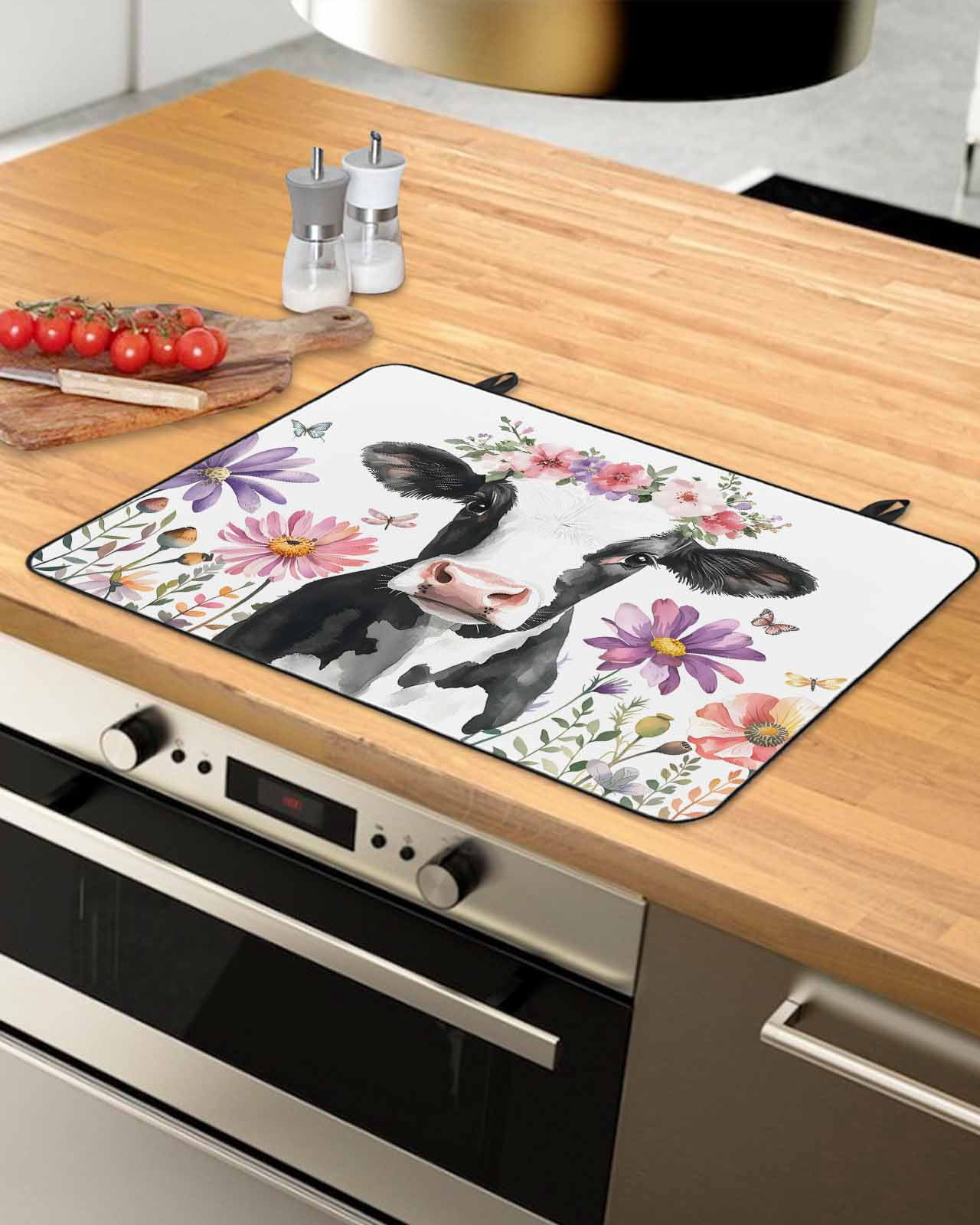 nqOlkjepod Large Induction Cooktop Protector Mat 36"x21", Flowers Cow Stove Top Covers for Electric Stove, Spring Botanical Floral Plants Butterfly Stove Burner Cover Mats, Glass Top Stove Cover